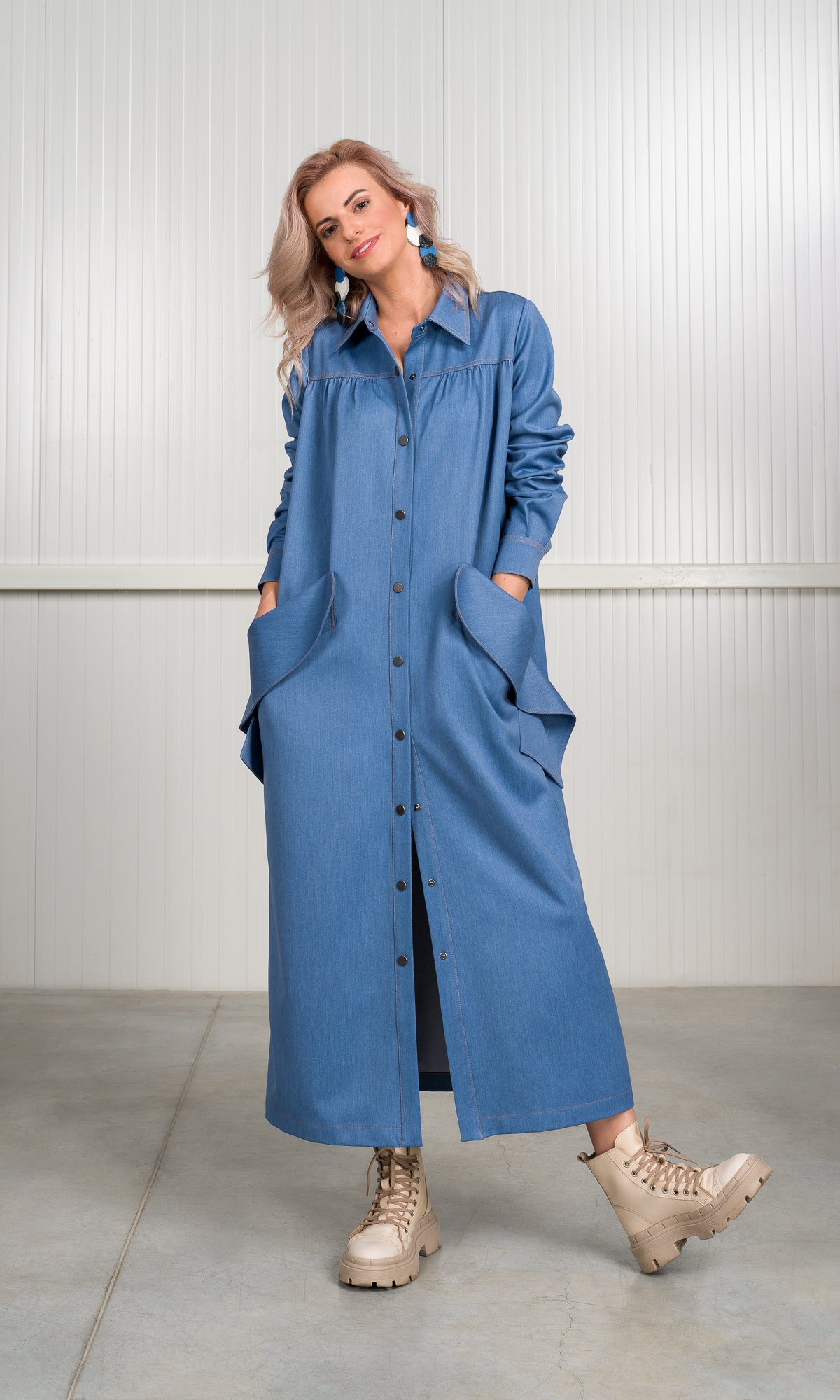 Chambray Shirt Dress with Flap Pockets - AAKASHA