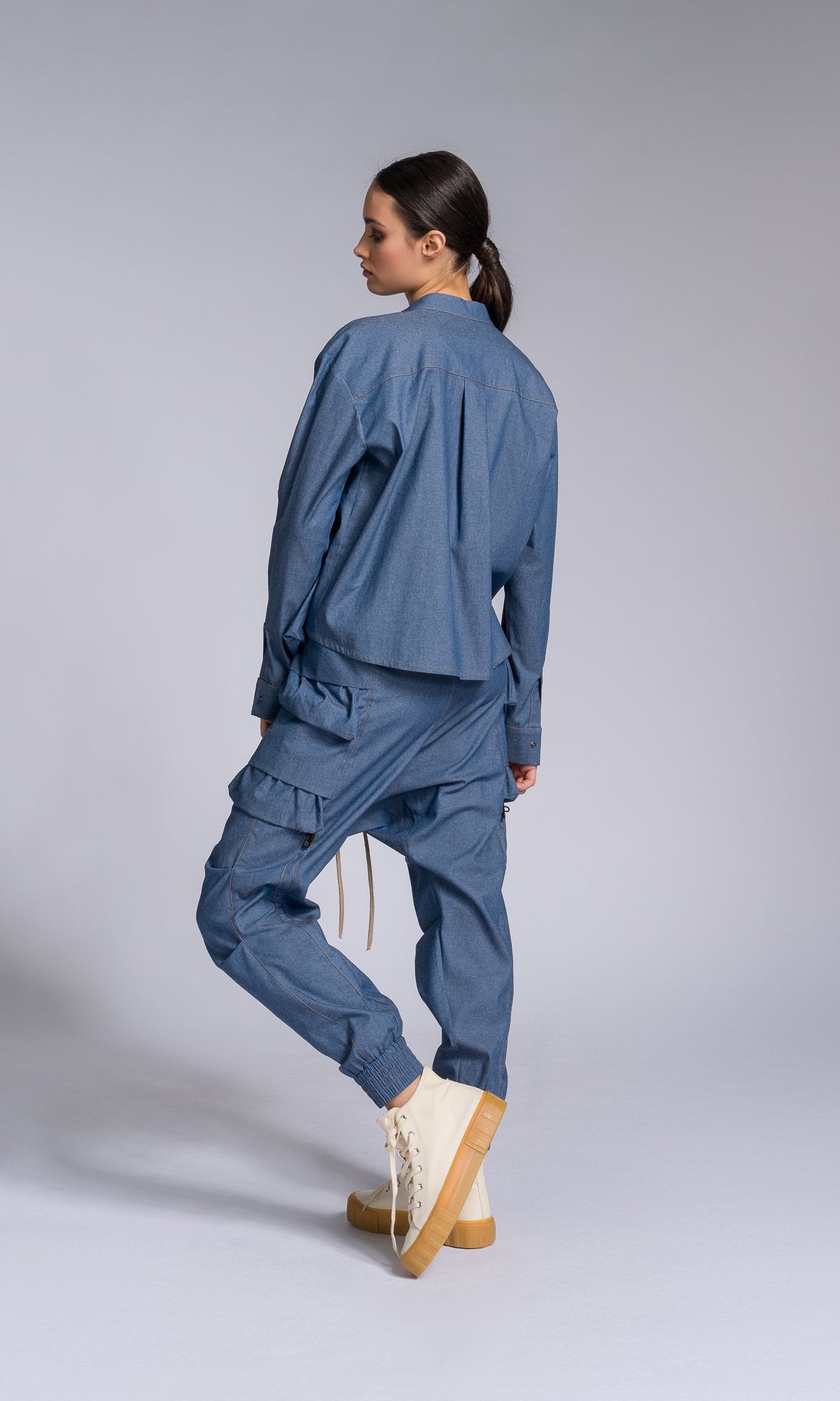 Chambray Pants with Layered Pockets - AAKASHA