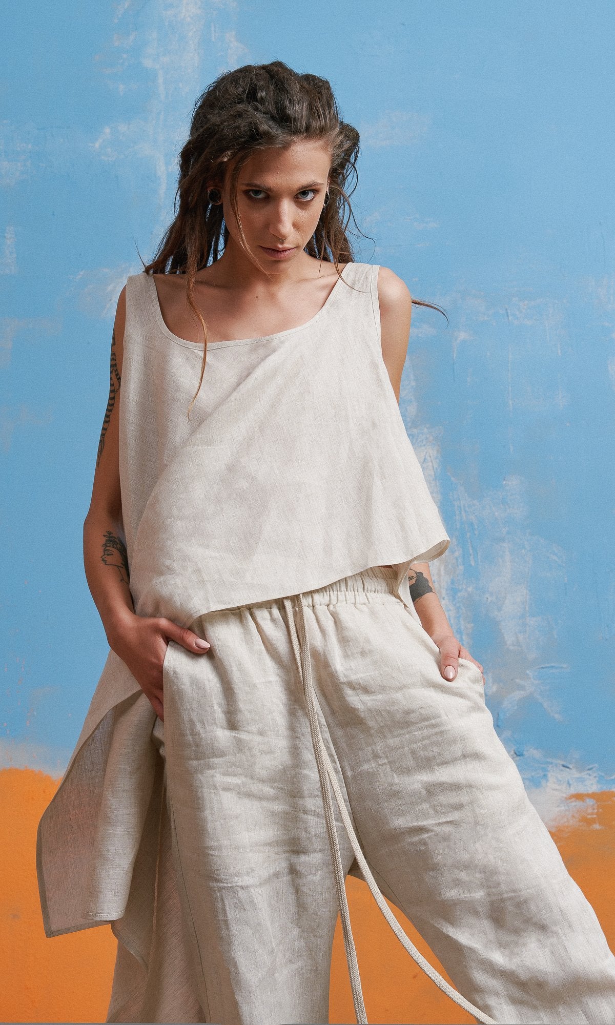 Linen Pants with Wide Ankle Cuffs