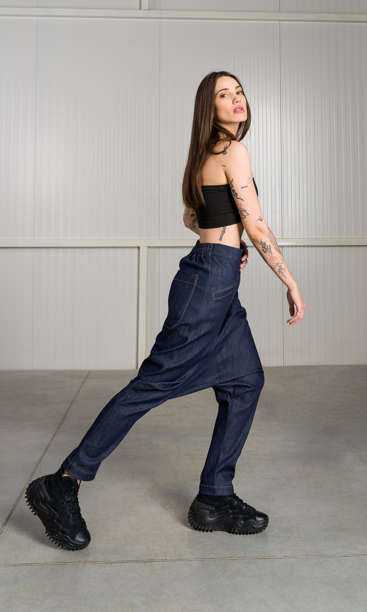 Deep Drop Crotch Denim Pants - AAKASHA