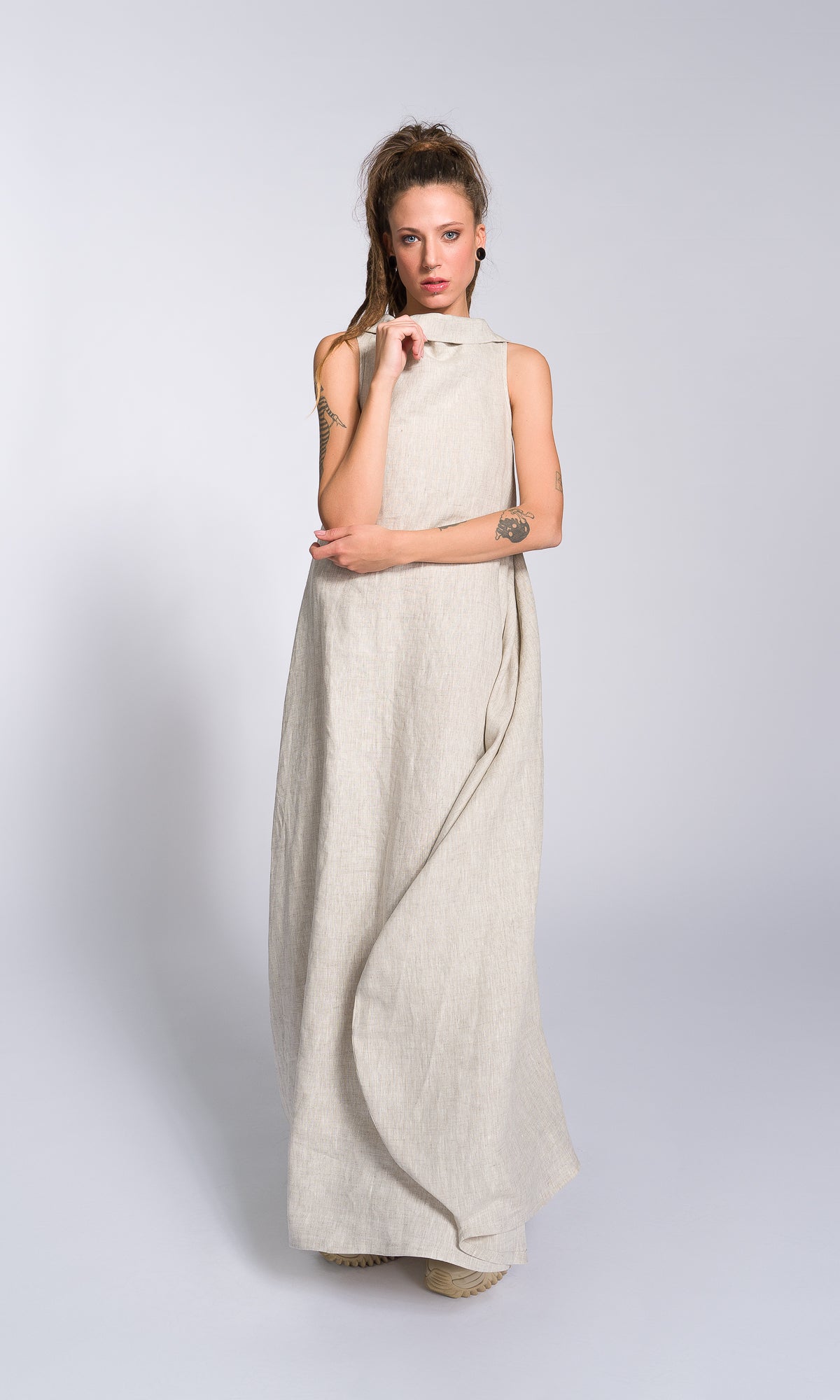 Linen High Neck Cocoon Dress - AAKASHA