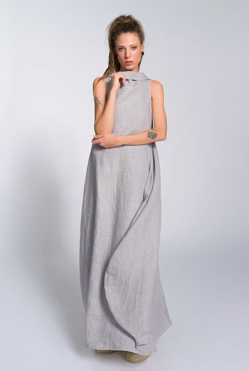 Leinen-Kokonkleid mit hohem Ausschnitt