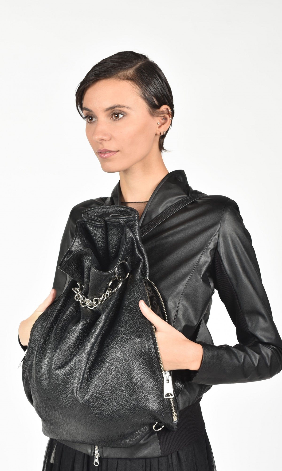 Leather Bucket Backpack with Chain - AAKASHA