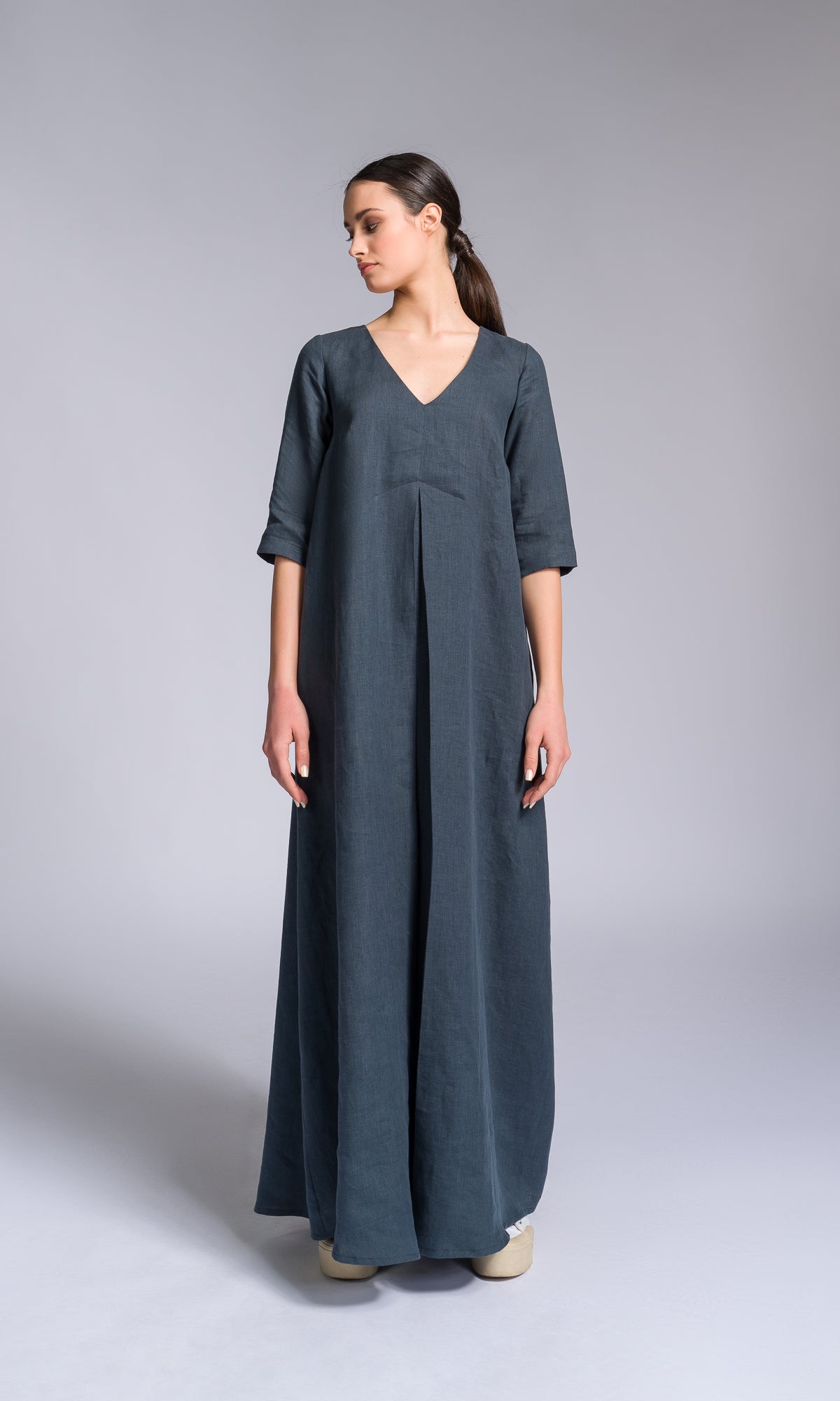 Maxi Linen Dress with Inverted Pleat - AAKASHA