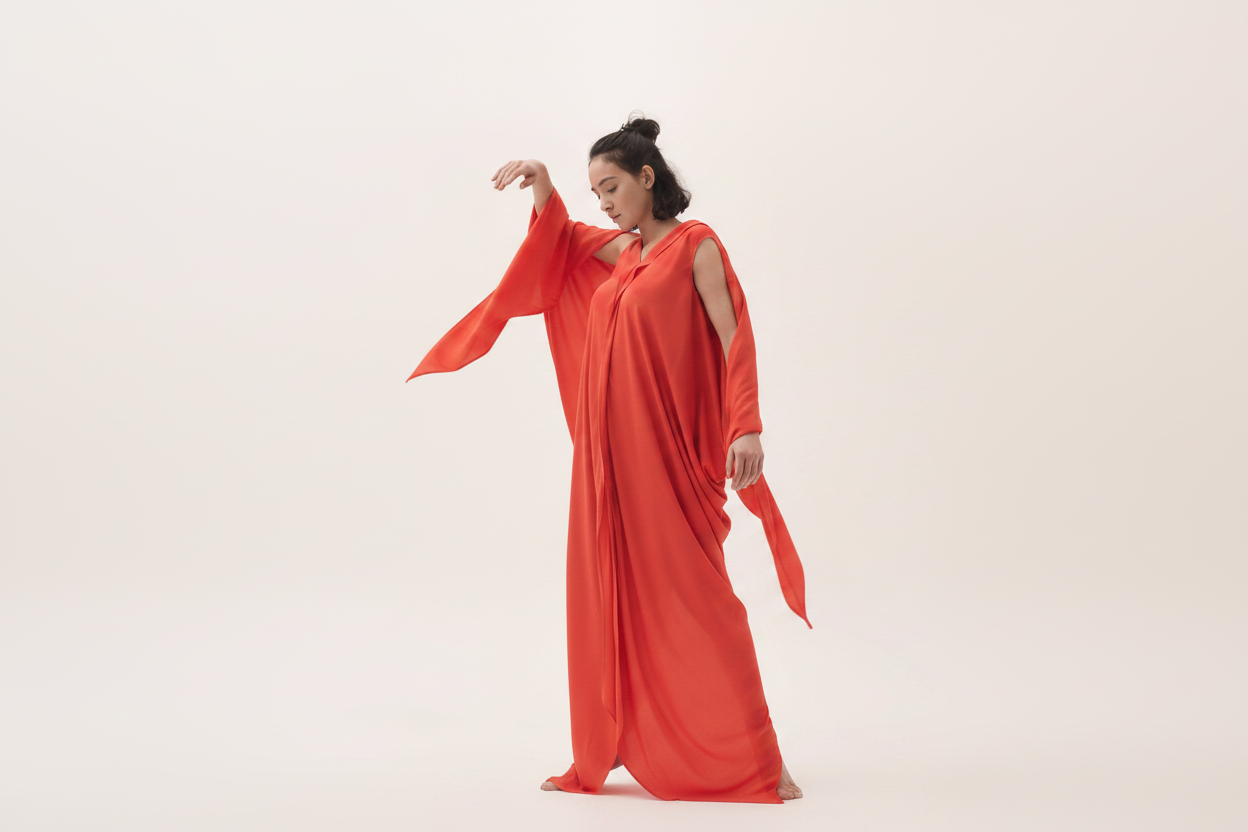 Bright coral red draped dress
