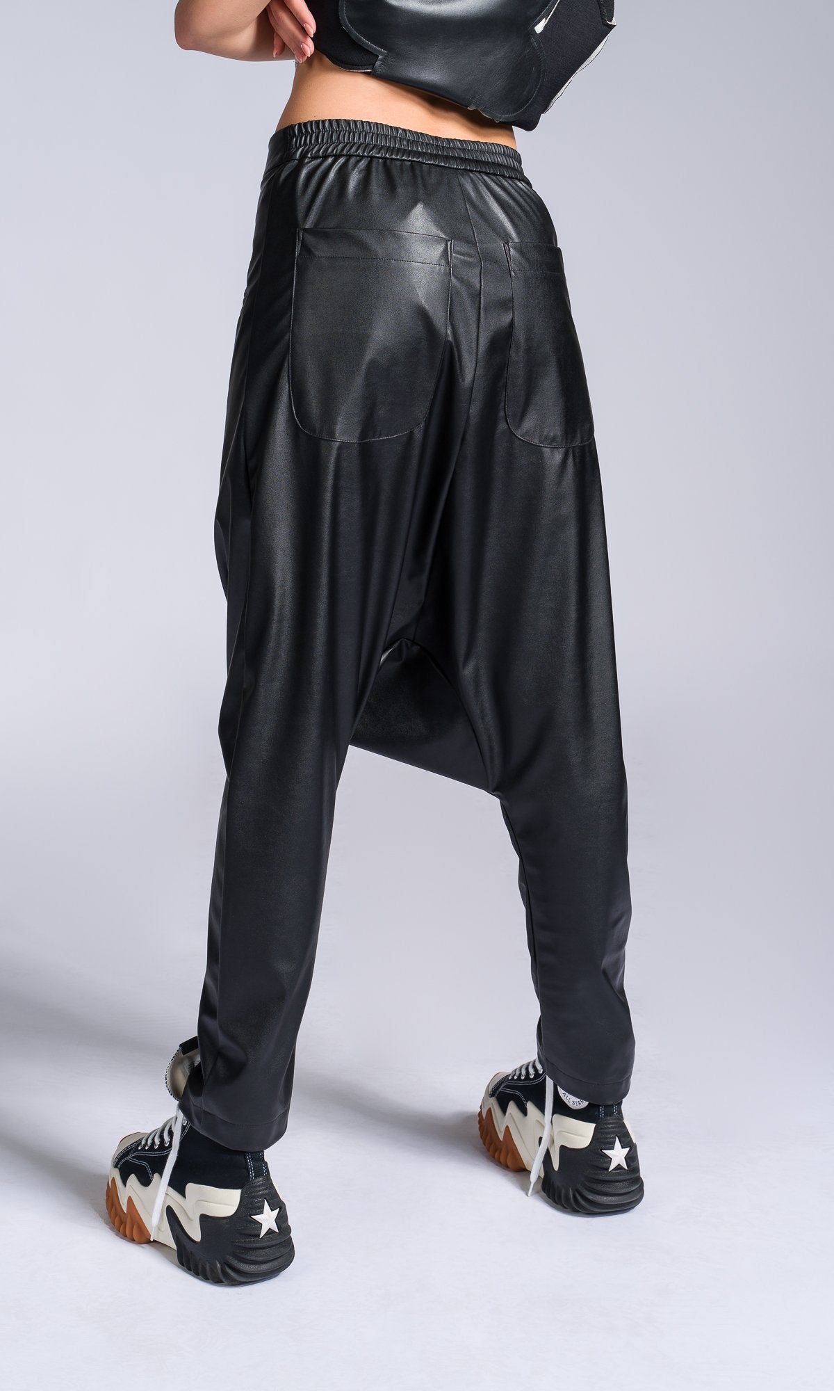 Vegan Leather Pants with Deep Drop Crotch - AAKASHA