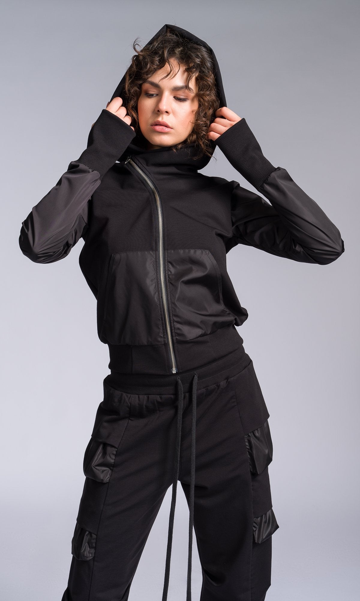 Mixed Fabric Hoodie with Asymmetric Closure