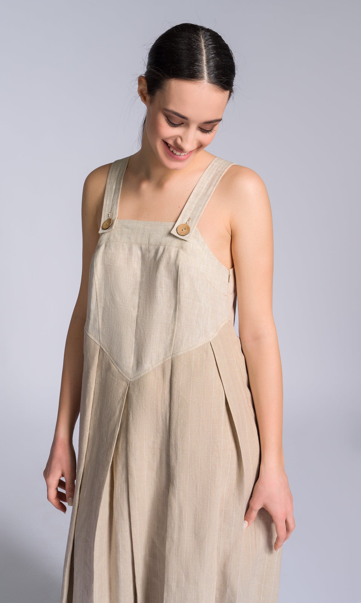 Pleated Linen Pinafore Dress - AAKASHA