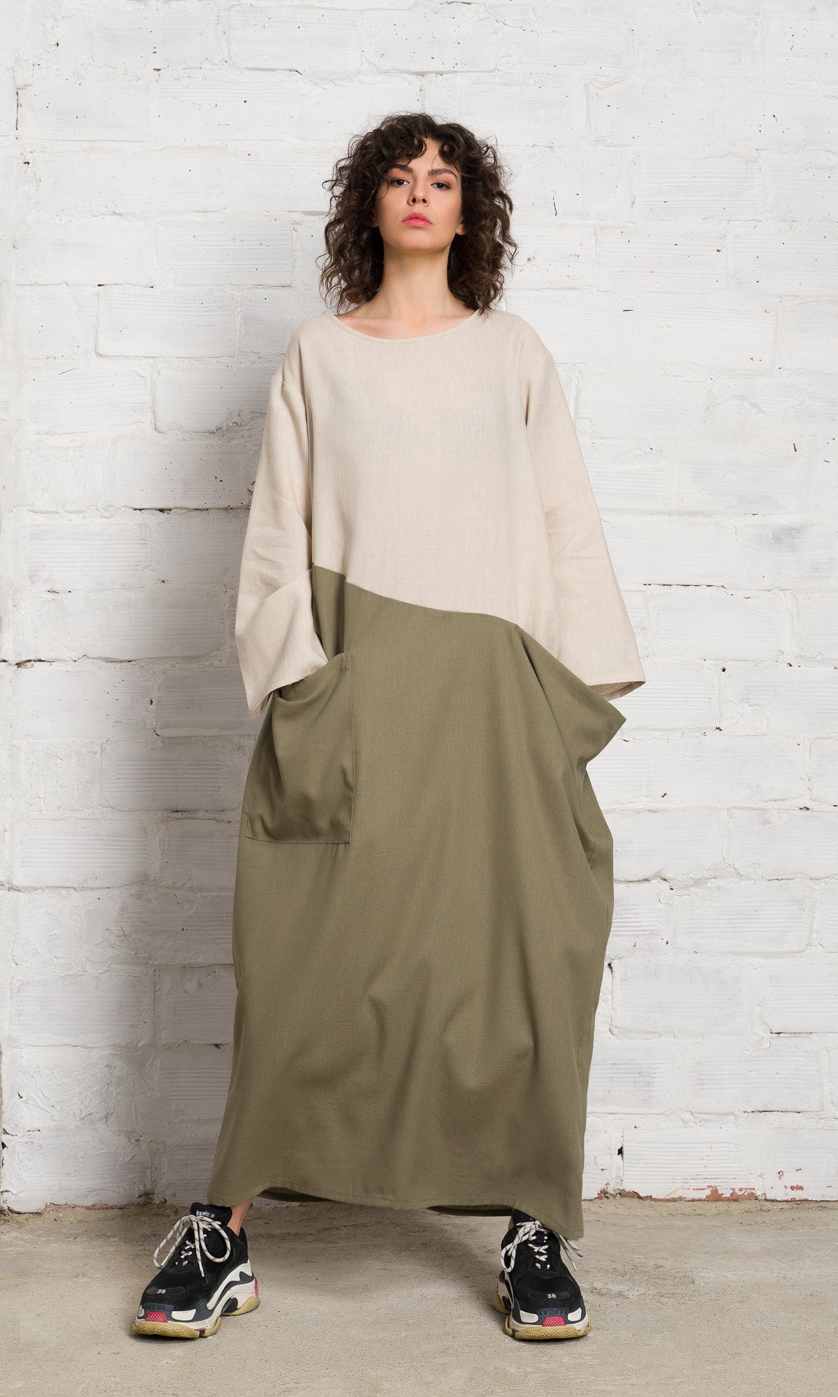 Two-Tone Linen Baggy Dress - AAKASHA