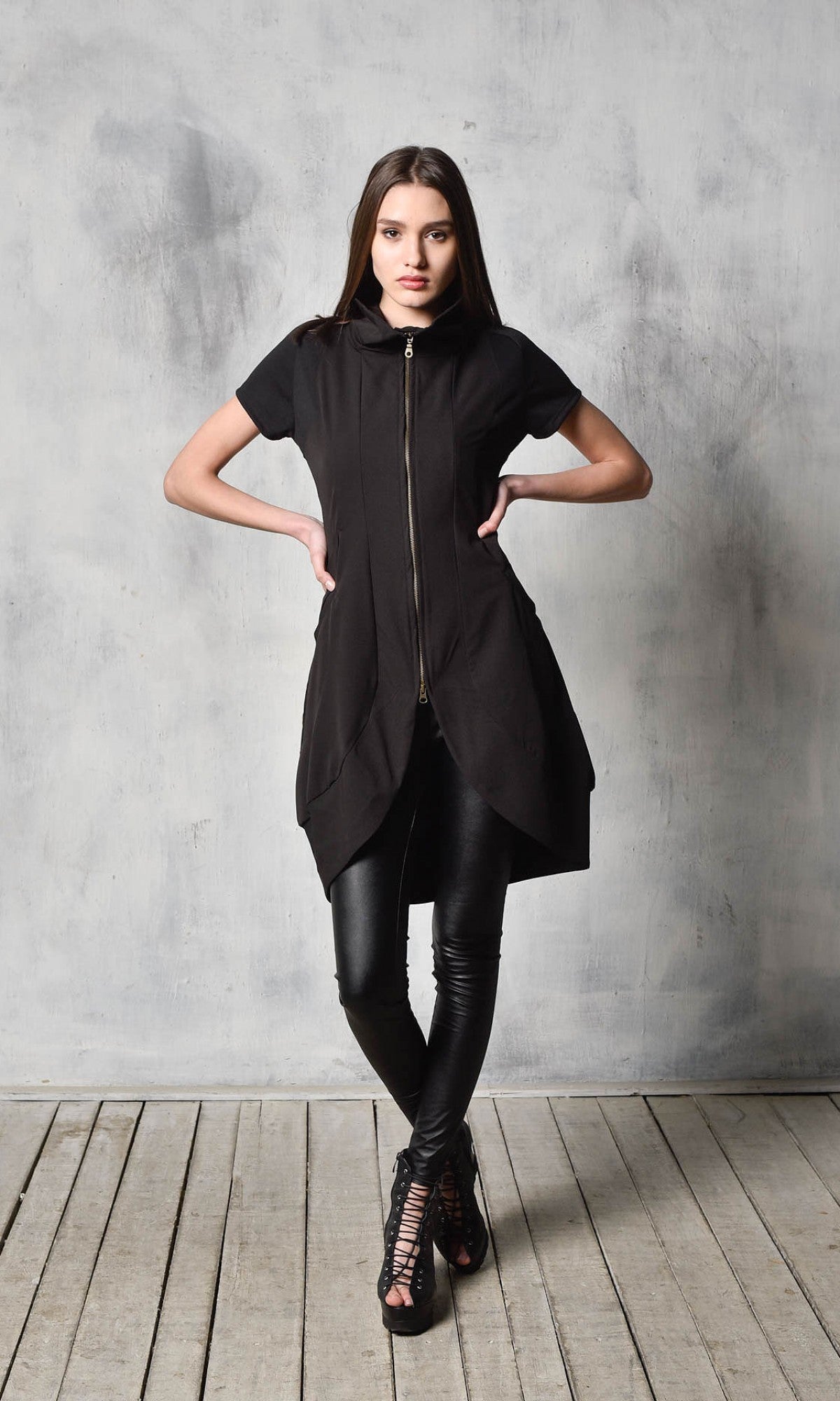 Black Tunic Dress with Front Zipper