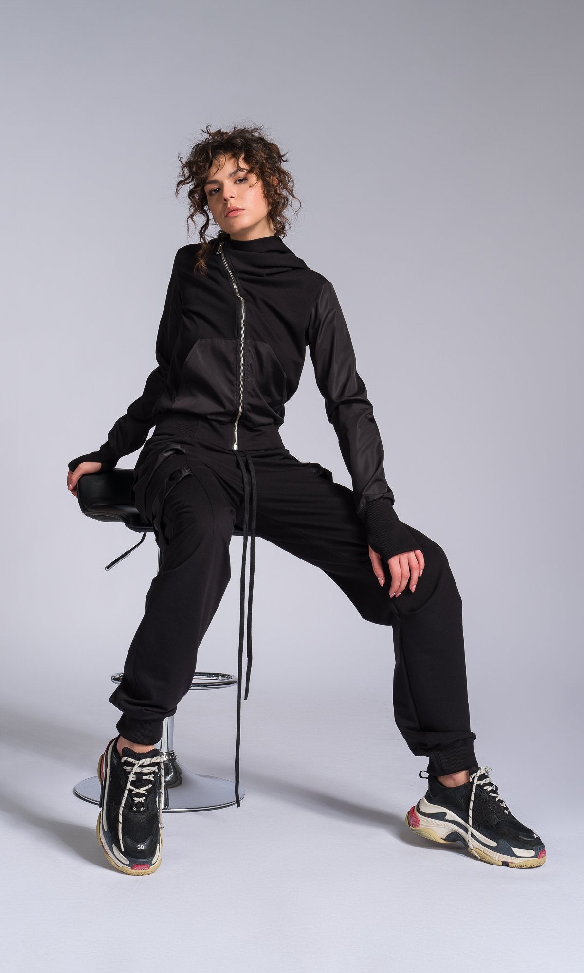 Mixed Fabric Hoodie with Asymmetric Closure - AAKASHA