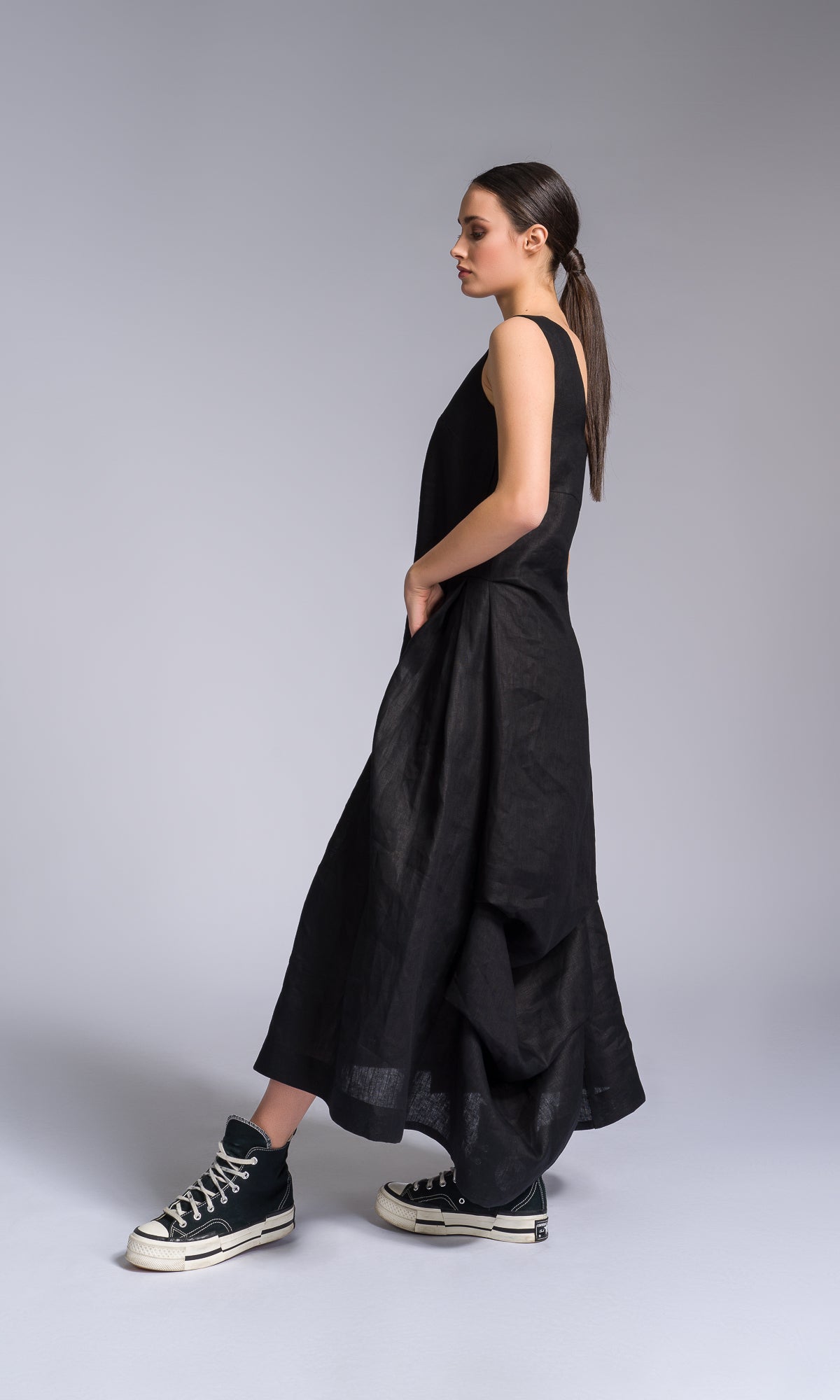 Linen A-line Dress with Back Drape - AAKASHA