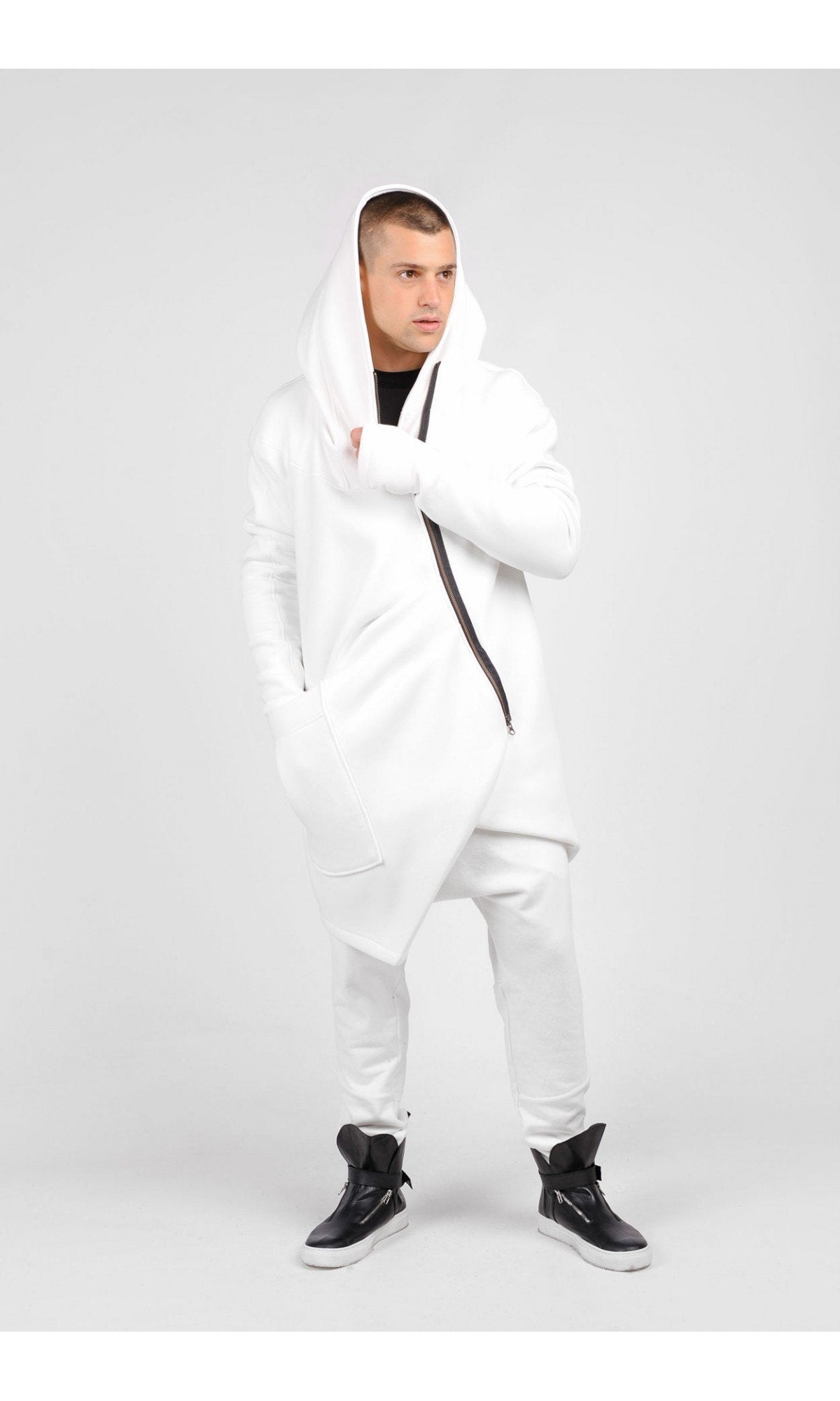 Cotton Fleece Hoodie with Asymmetric Closure