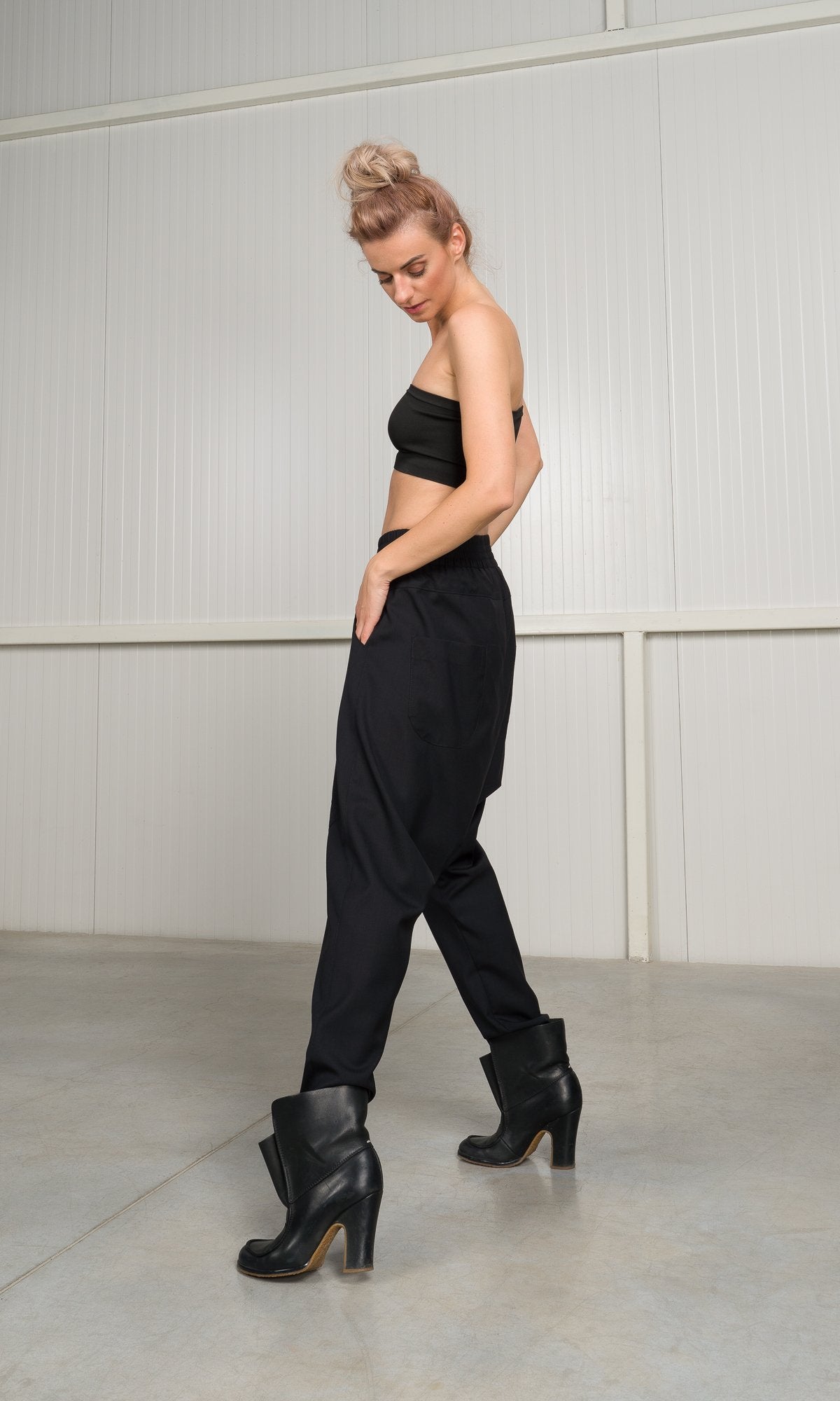 Drop Crotch Wool Pants with Seam Details
