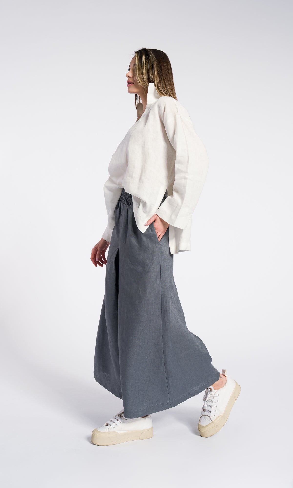 Inverted Pleat Linen Skirt Pants