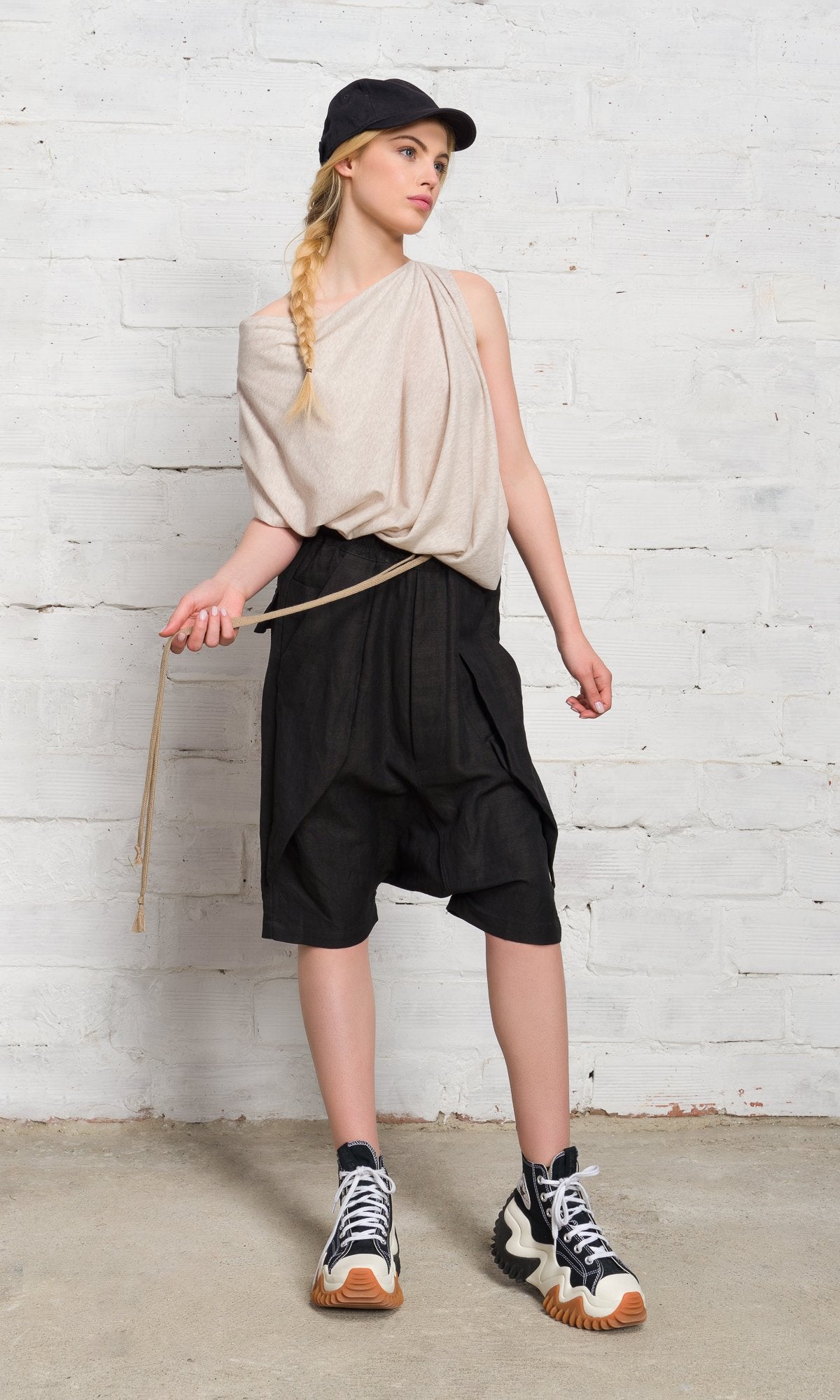 Linen Bermuda Pants with Drop Crotch - AAKASHA