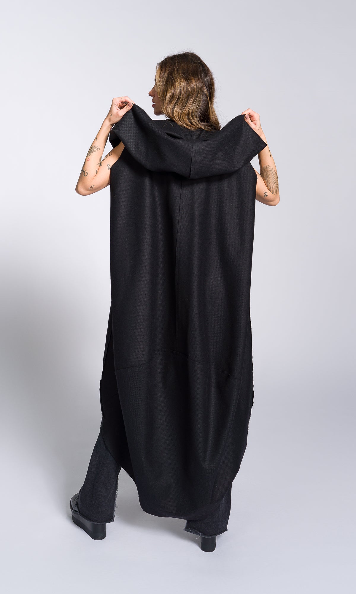 Sleeveless Cape Coat with Large Hood - AAKASHA