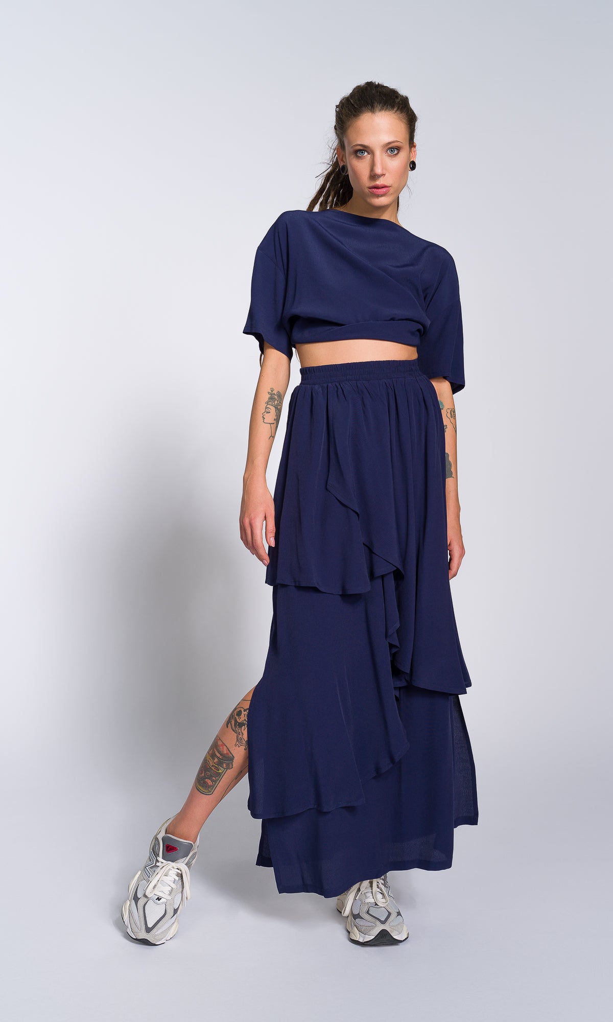 Two-piece Set of Layered Georgette Skirt and Loose Asymmetric T-Shirt - AAKASHA