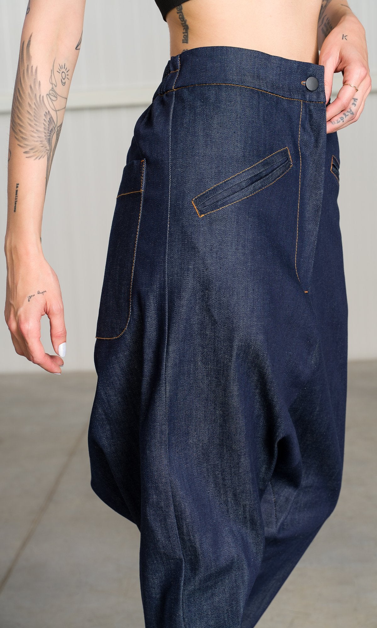 Deep Drop Crotch Denim Pants - AAKASHA