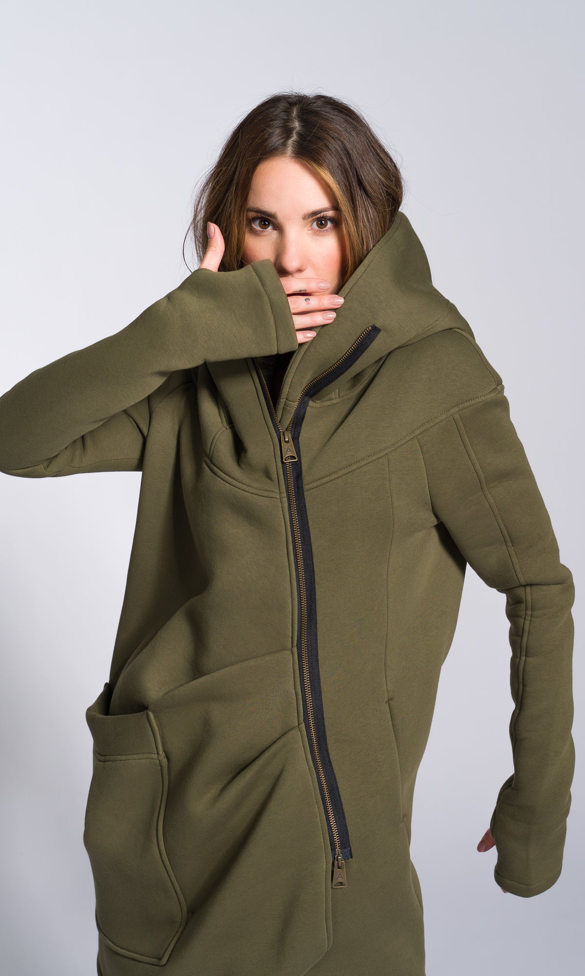 Cotton Fleece Hoodie with Asymmetric Closure - AAKASHA