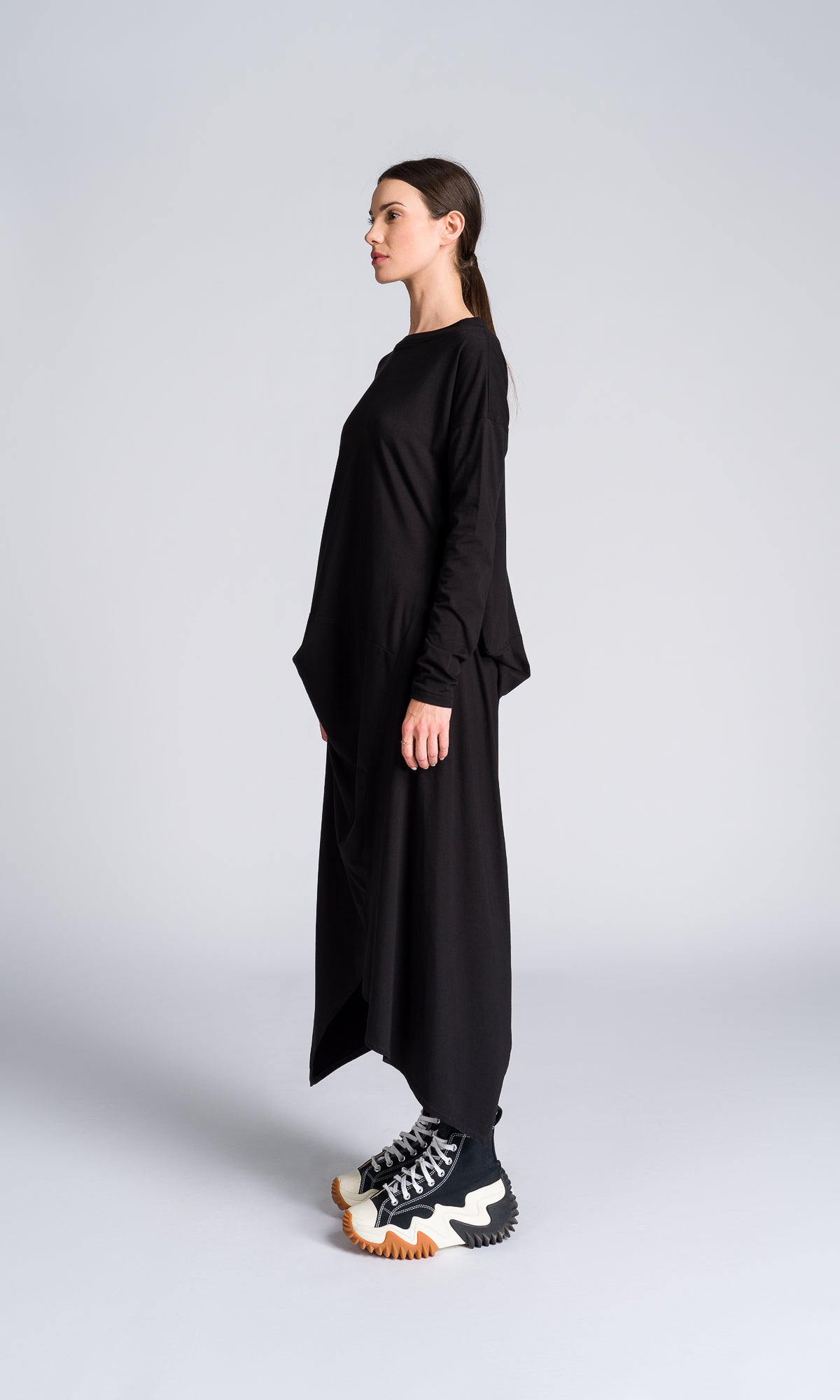 Draped Midi Dress with Asymmetric Hem