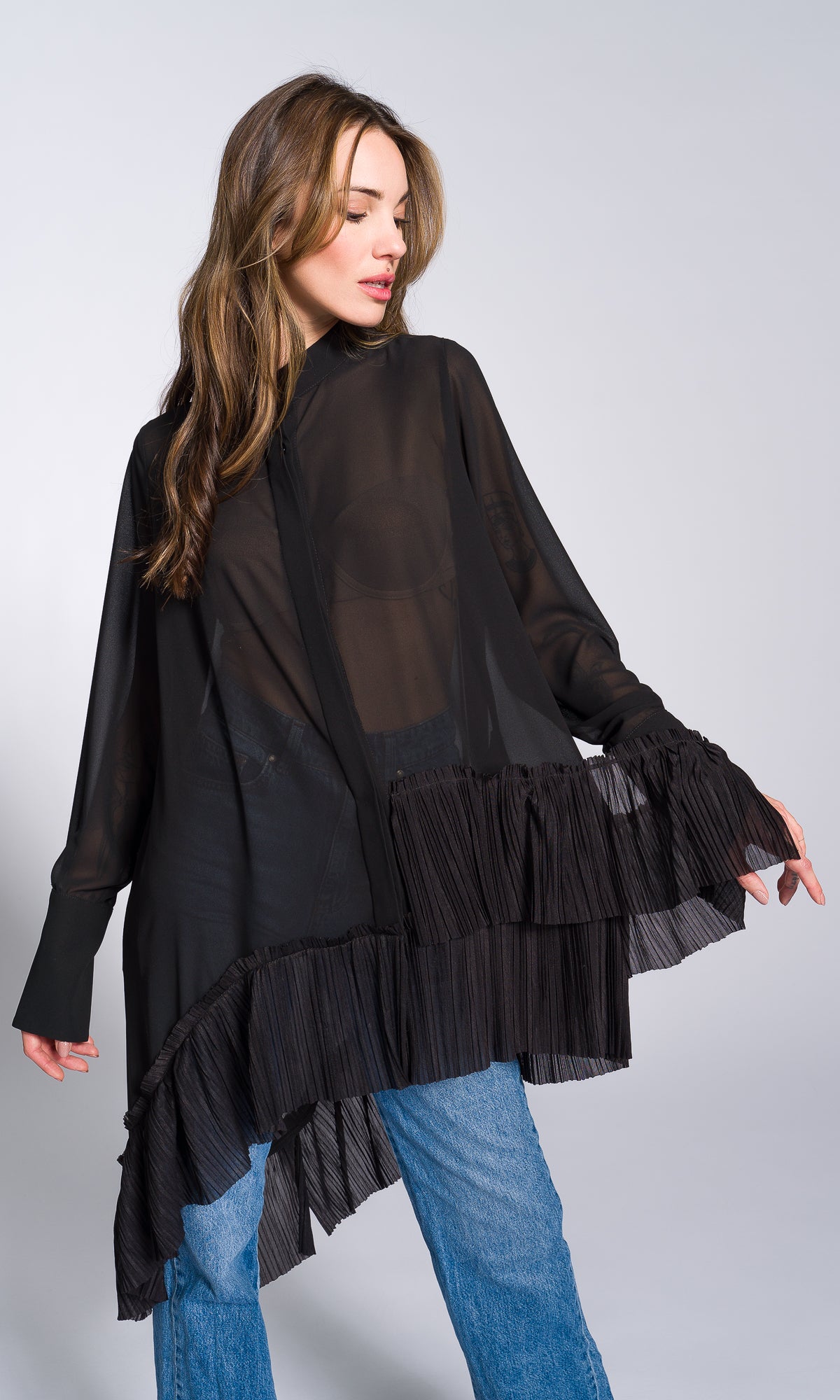 Pleated Hem Asymmetric Chiffon Shirt - AAKASHA