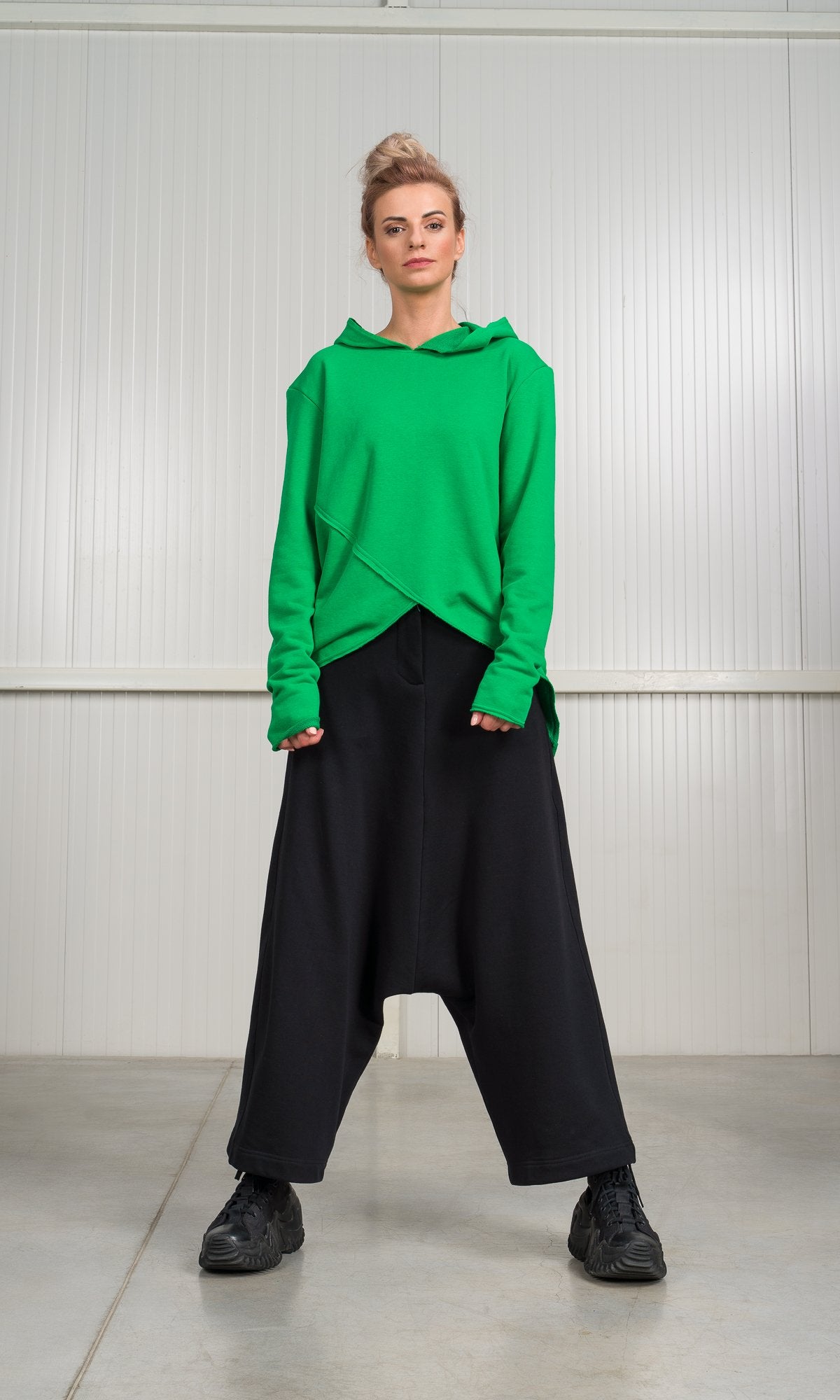 Hooded Sweatshirt with Asymmetric Overlap Front - AAKASHA