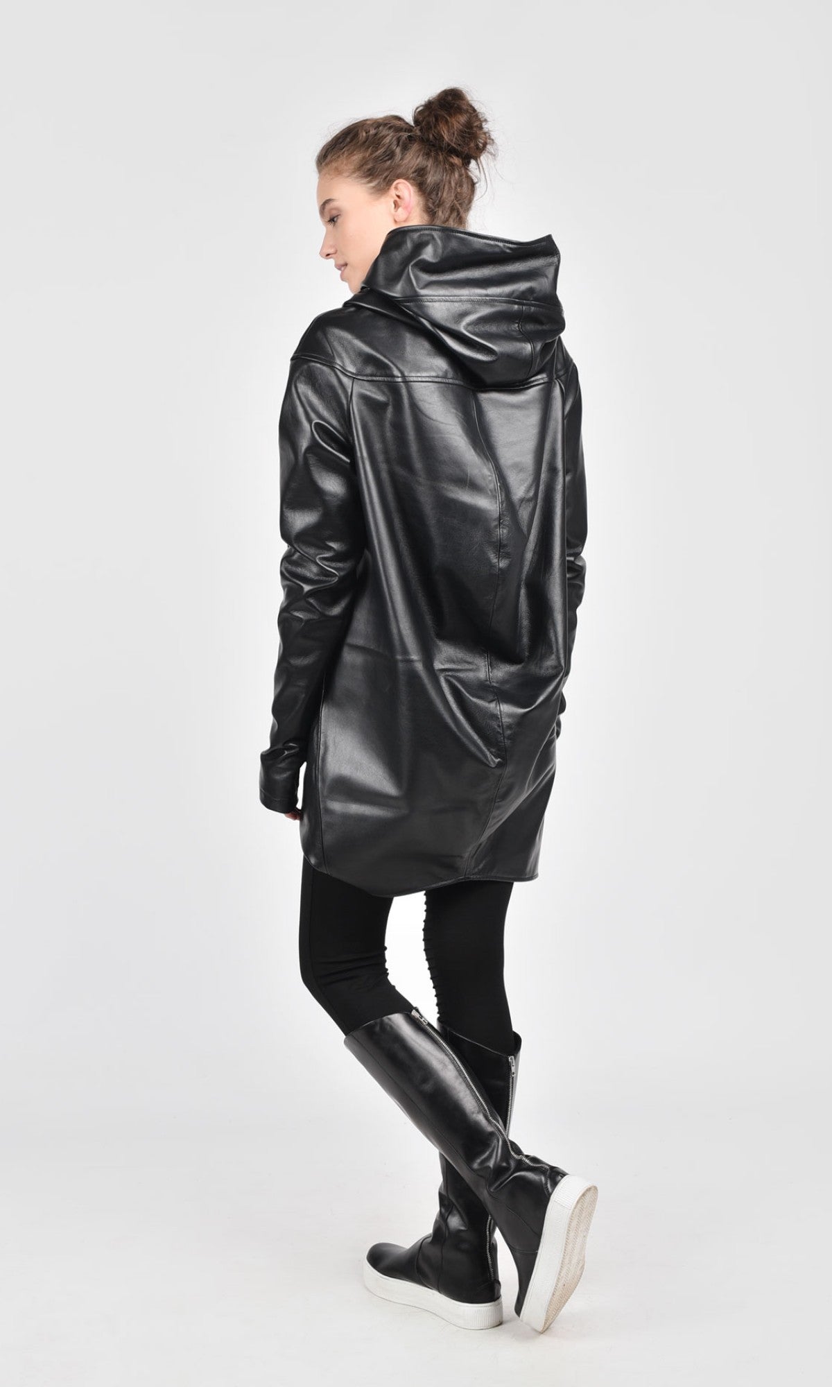 Asymmetric Genuine Leather Hooded Coat