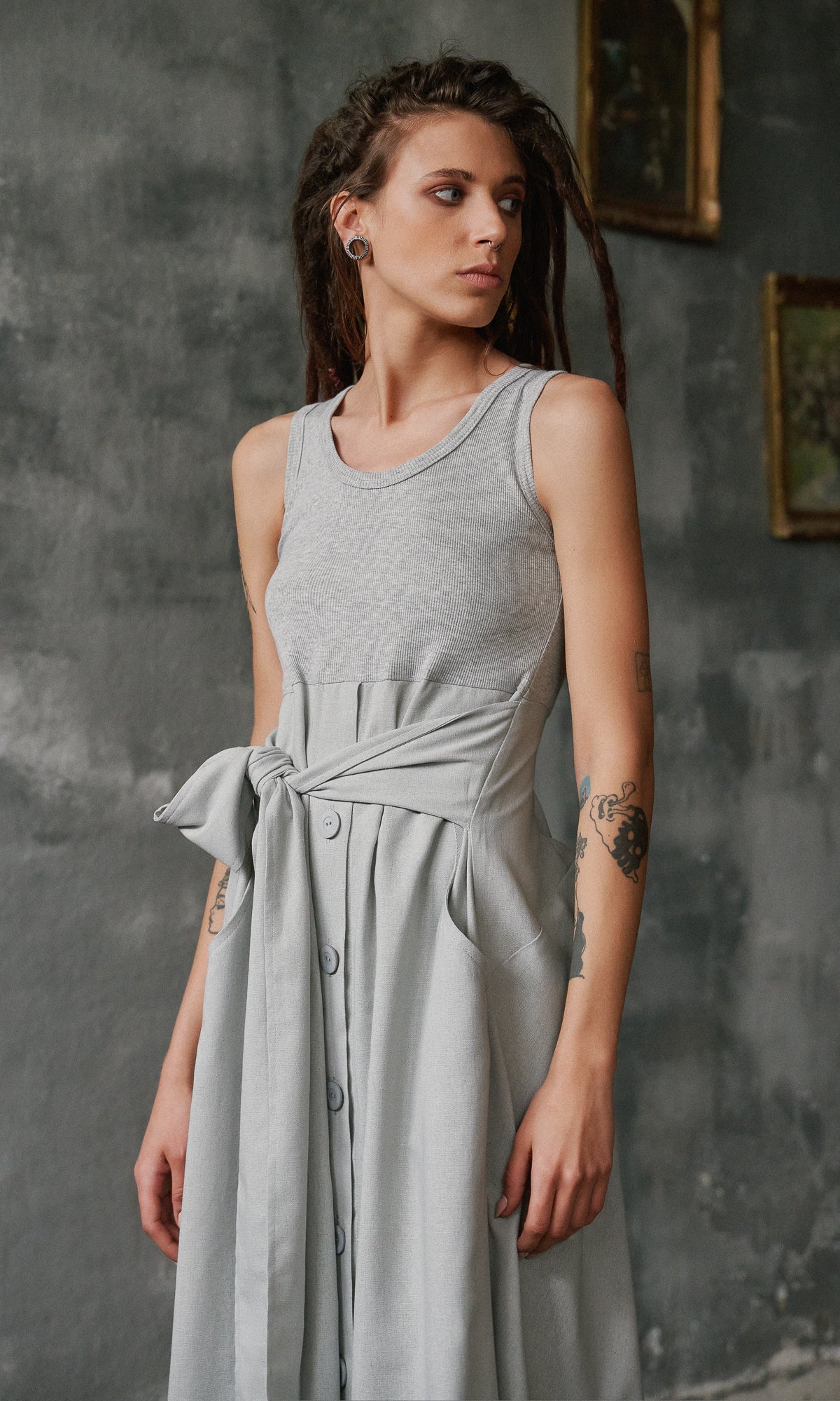 Sleeveless Mixed Dress with Belt - AAKASHA