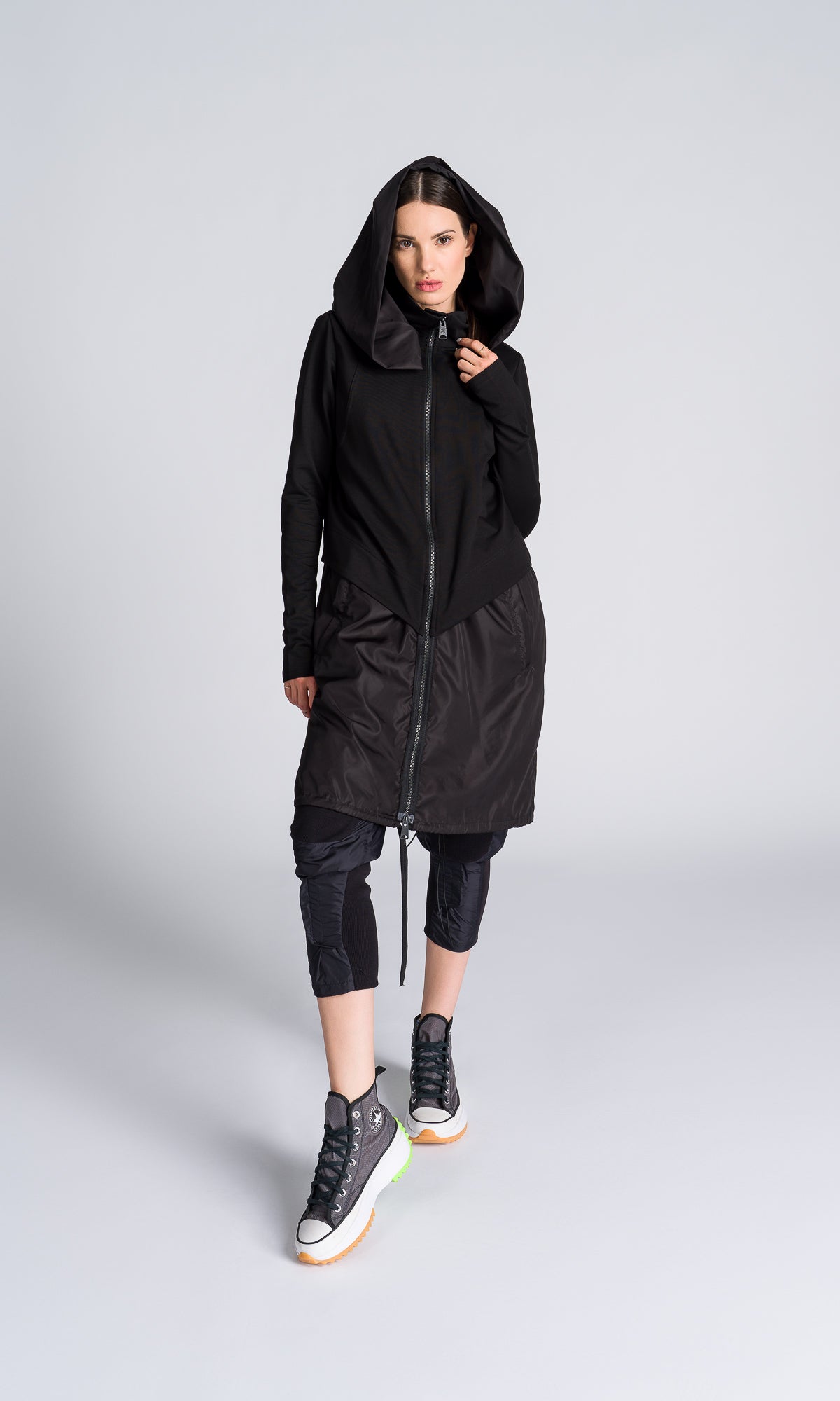 Long Hooded Jacket with Backpack Straps - AAKASHA