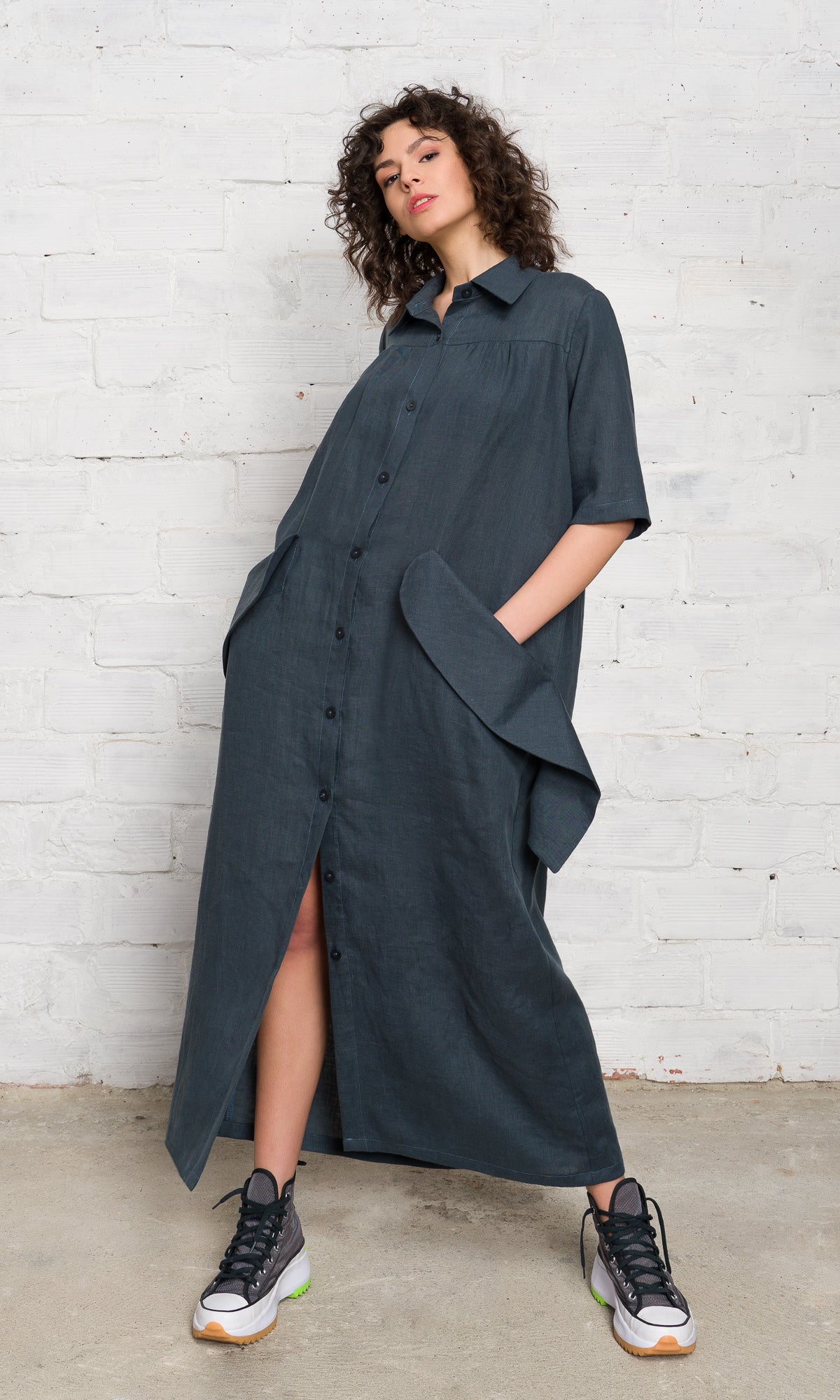 Linen Shirt Dress with Flap Pockets - AAKASHA