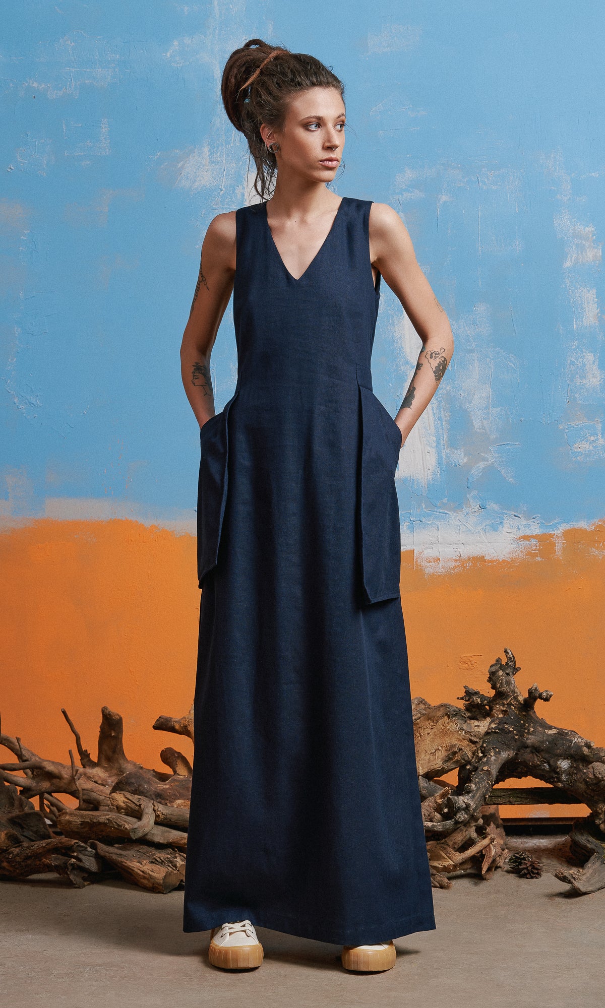 Sleeveless Linen Dress with Large Pockets