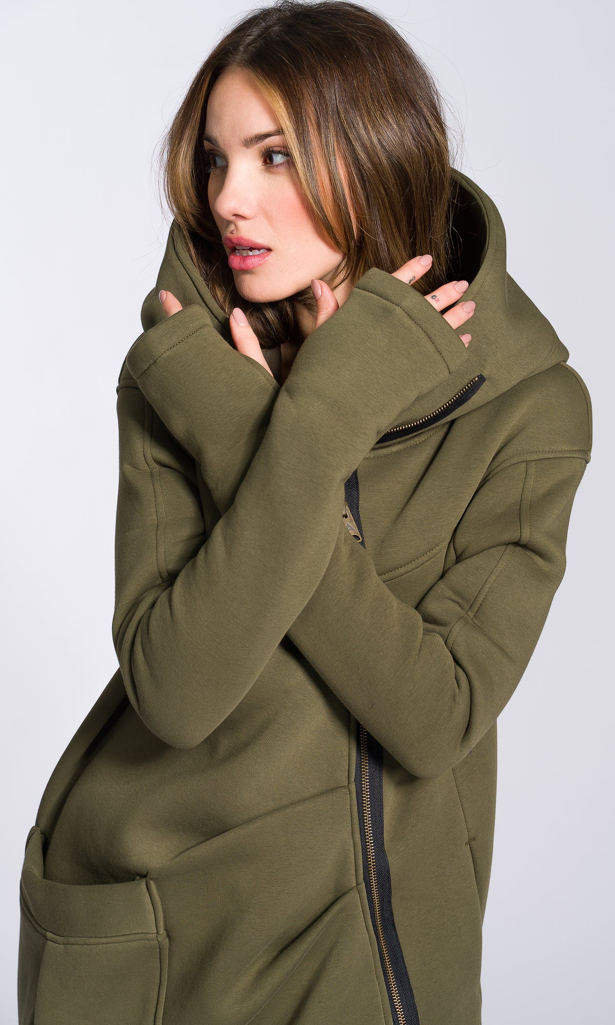 Cotton Fleece Hoodie with Asymmetric Closure - AAKASHA