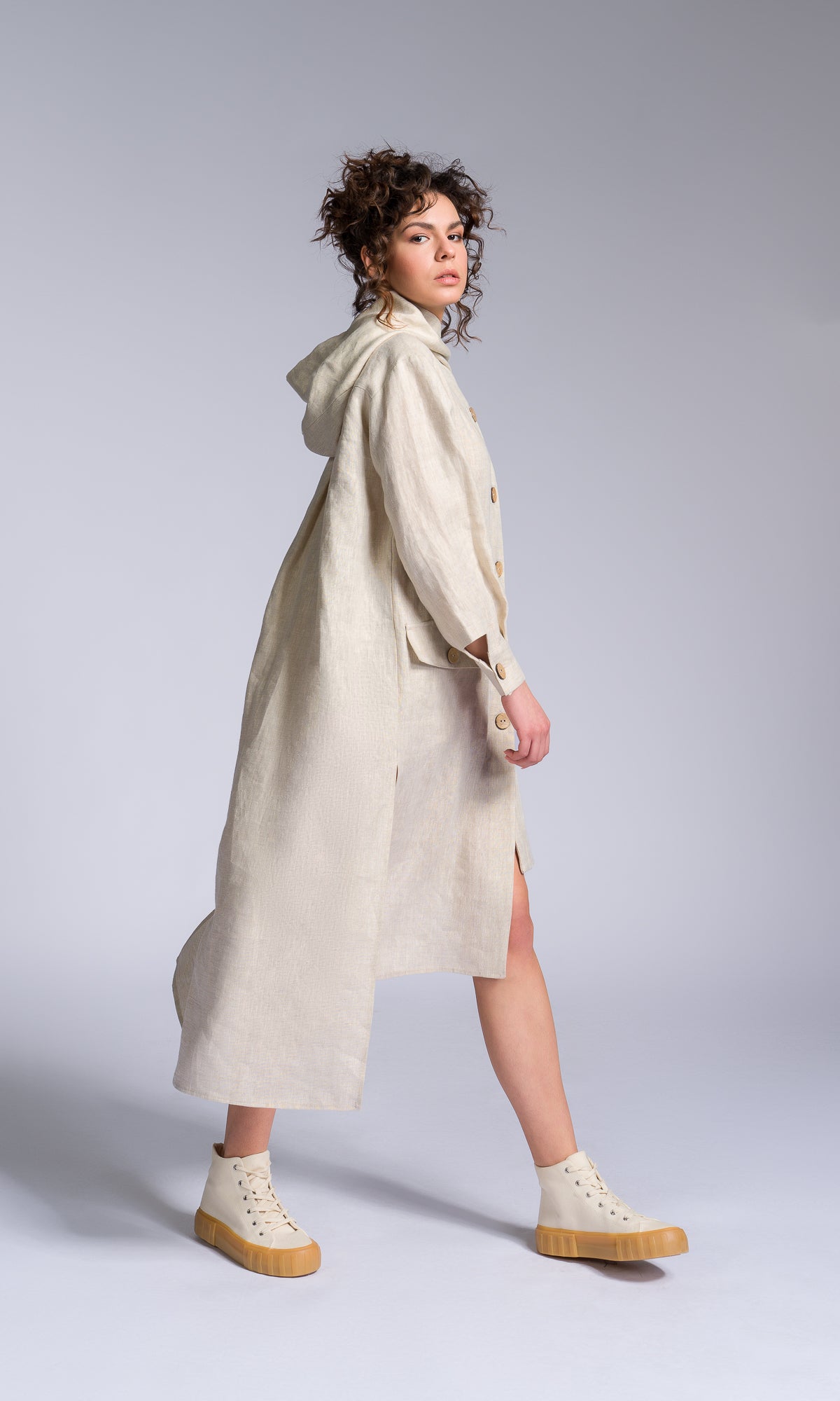 Hooded Shirt Dress with Asymmetric Hem