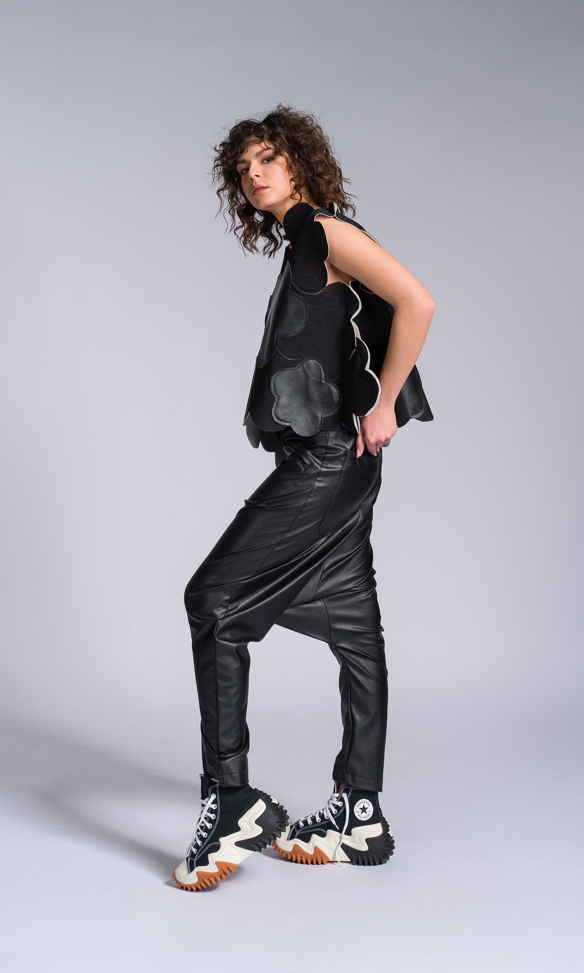 Vegan Leather Pants with Deep Drop Crotch - AAKASHA