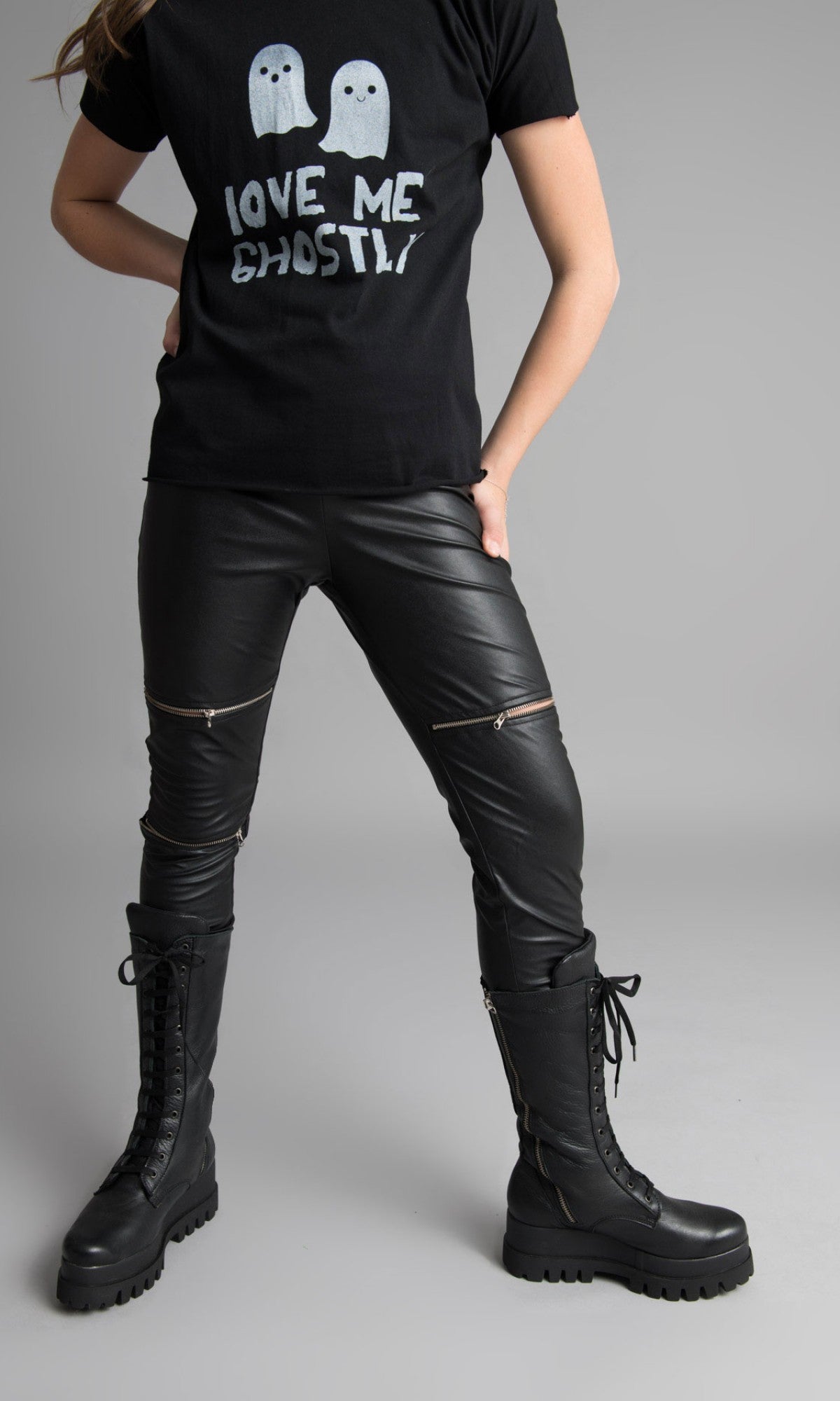 Black Faux Leather Zipper Leggings - AAKASHA