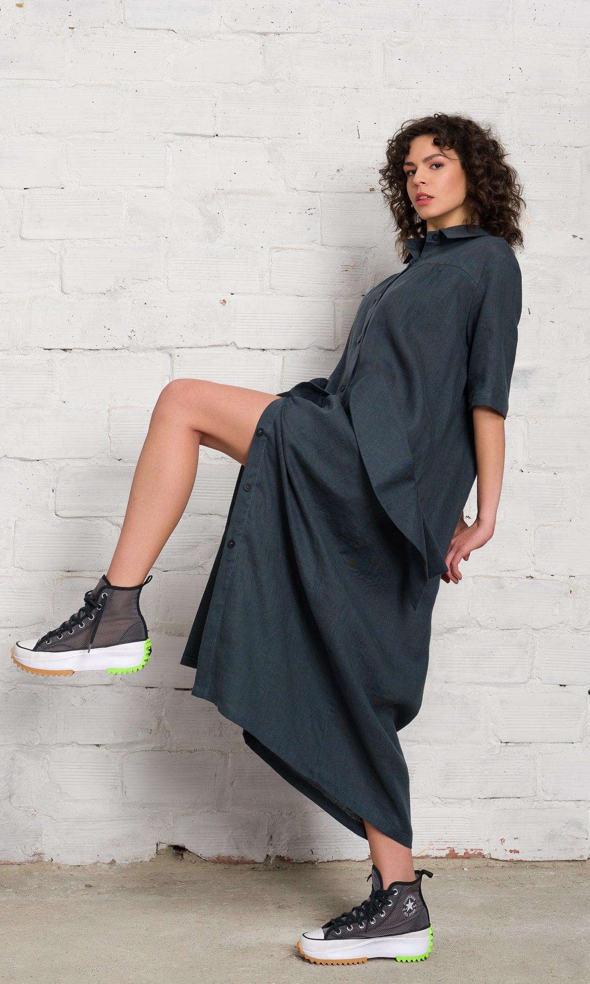 Linen Shirt Dress with Flap Pockets - AAKASHA