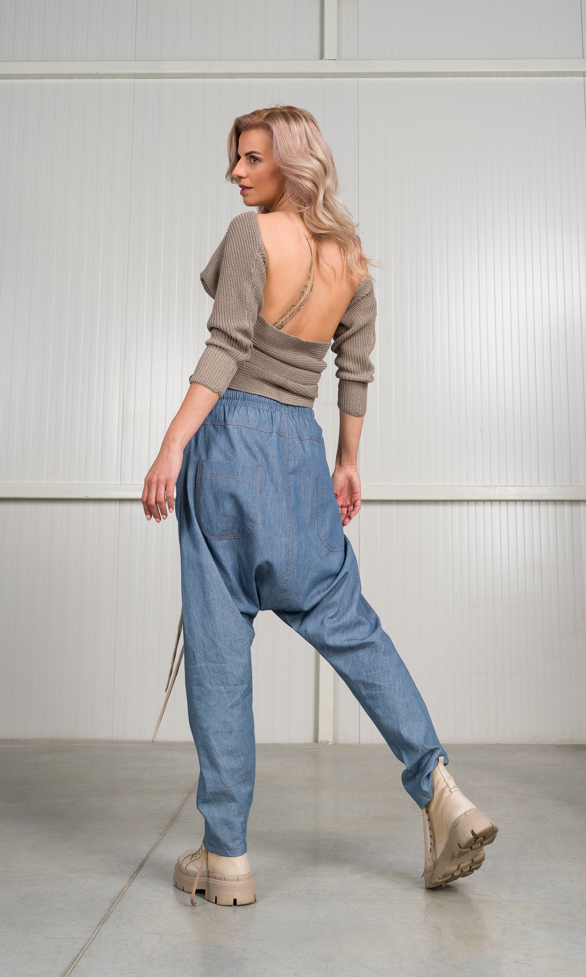 Chambray Pants with Seam Details - AAKASHA