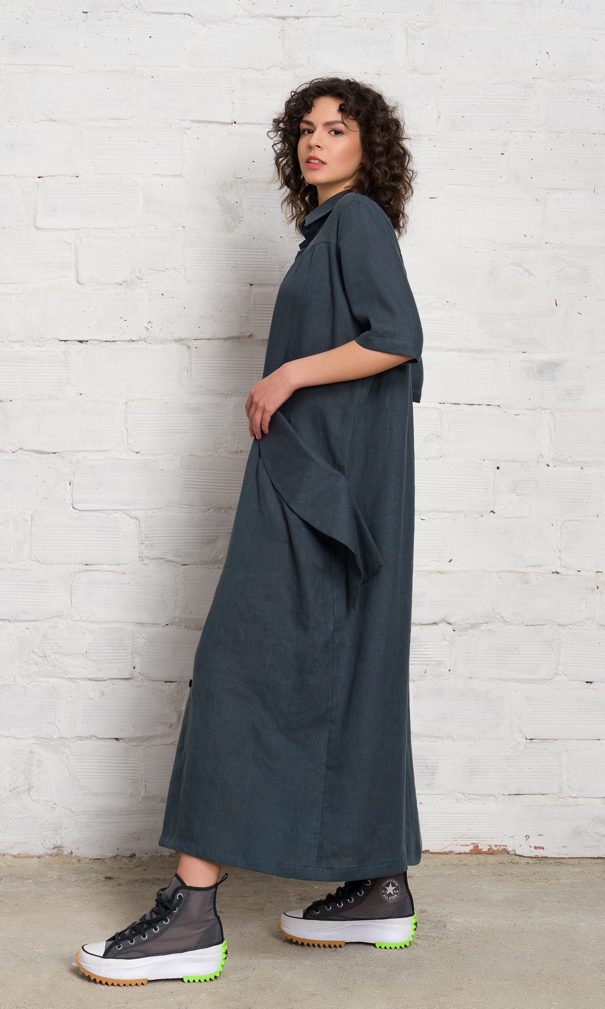 Linen Shirt Dress with Flap Pockets - AAKASHA