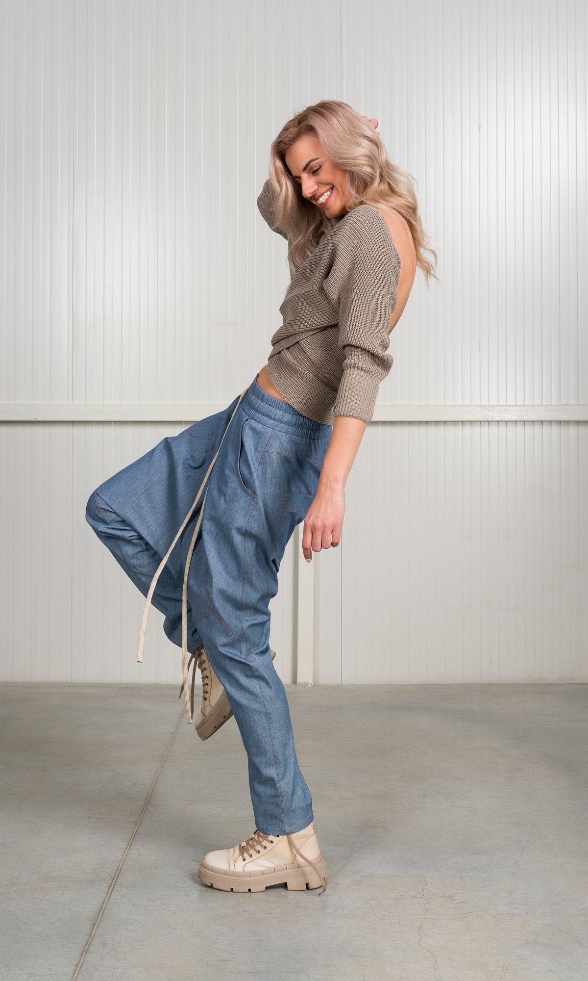 Chambray Pants with Seam Details - AAKASHA