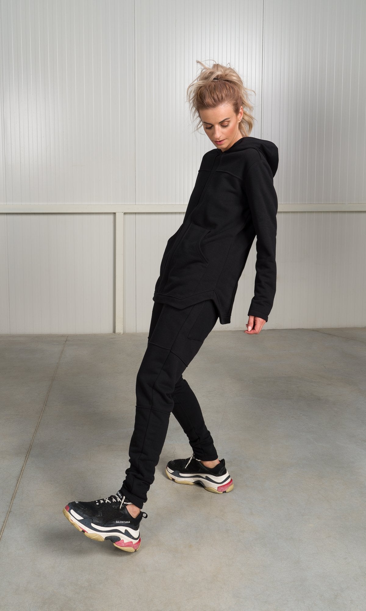 Two-piece Set of Hooded Sweatshirt and Jogger Pants with Seam Details - AAKASHA