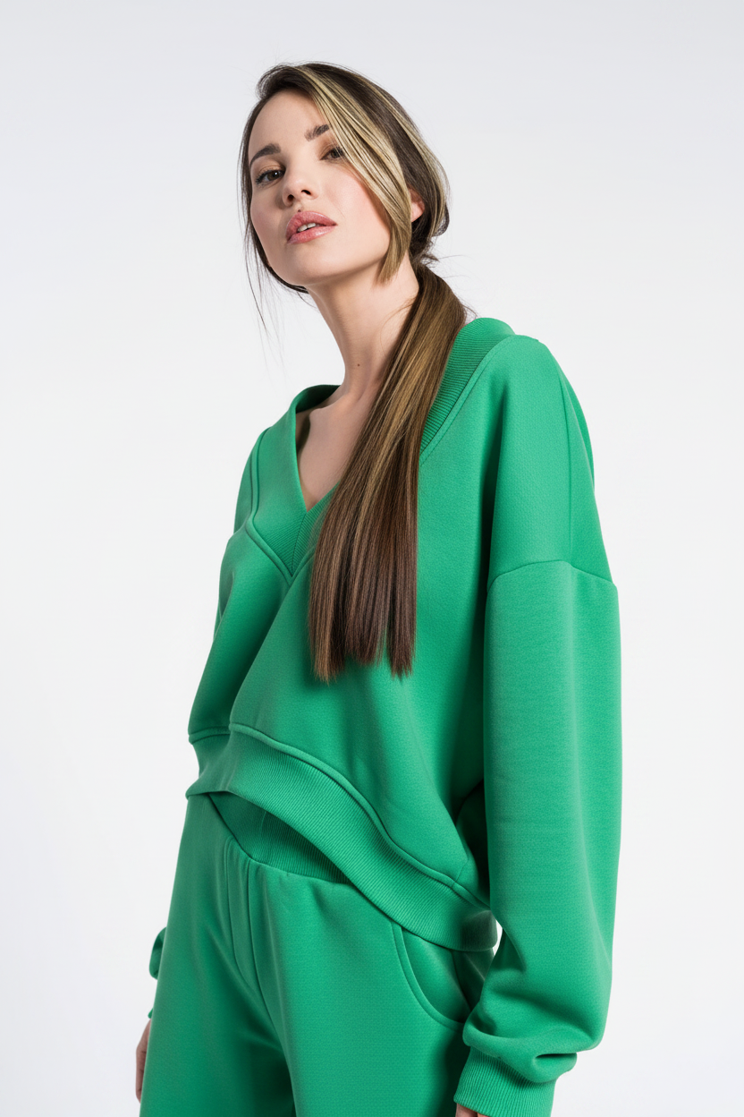 Set aus kurzem Oberteil mit V-Ausschnitt und weit geschnittener Hose, lässiges Baumwoll-Set