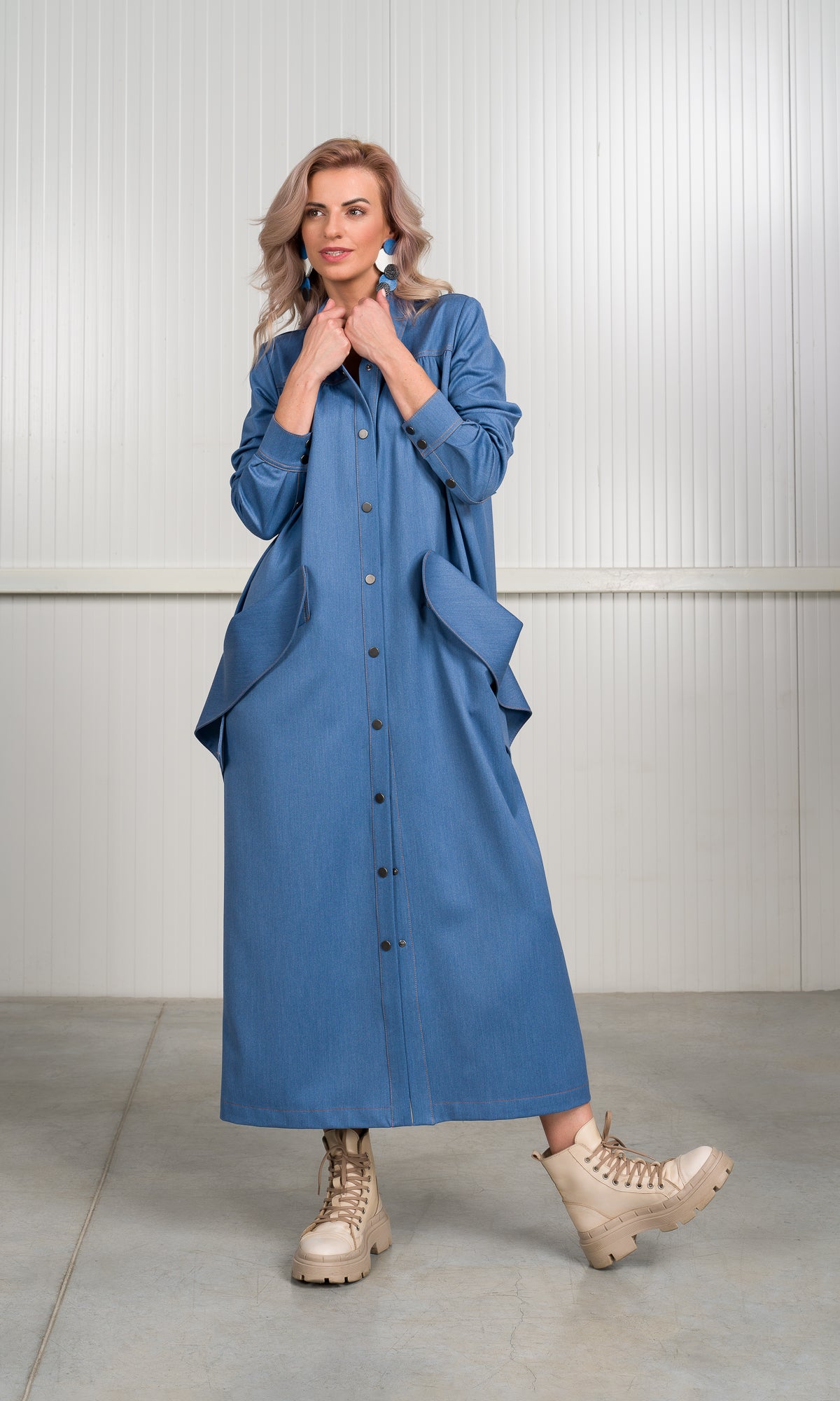 Chambray Shirt Dress with Flap Pockets - AAKASHA