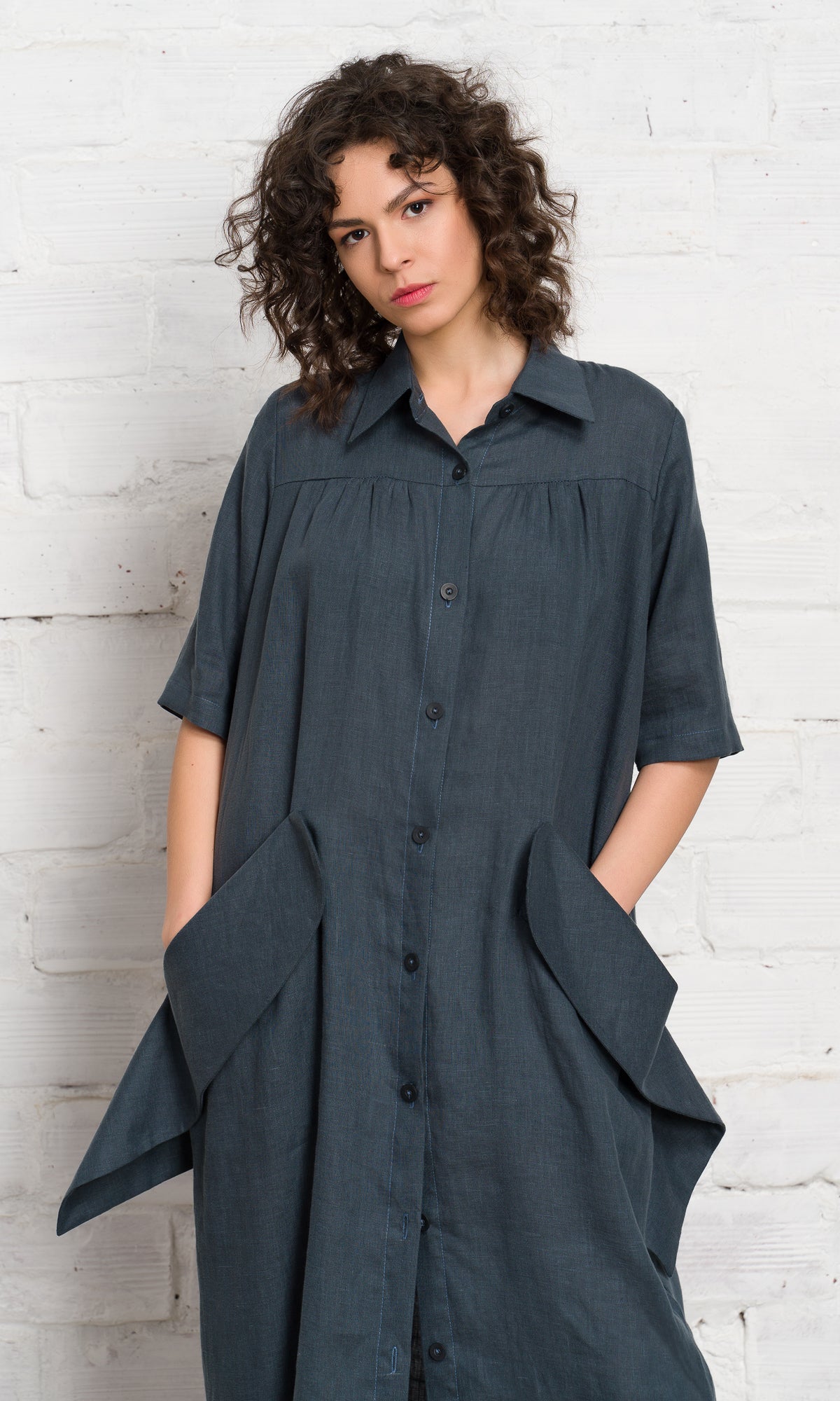 Linen Shirt Dress with Flap Pockets - AAKASHA