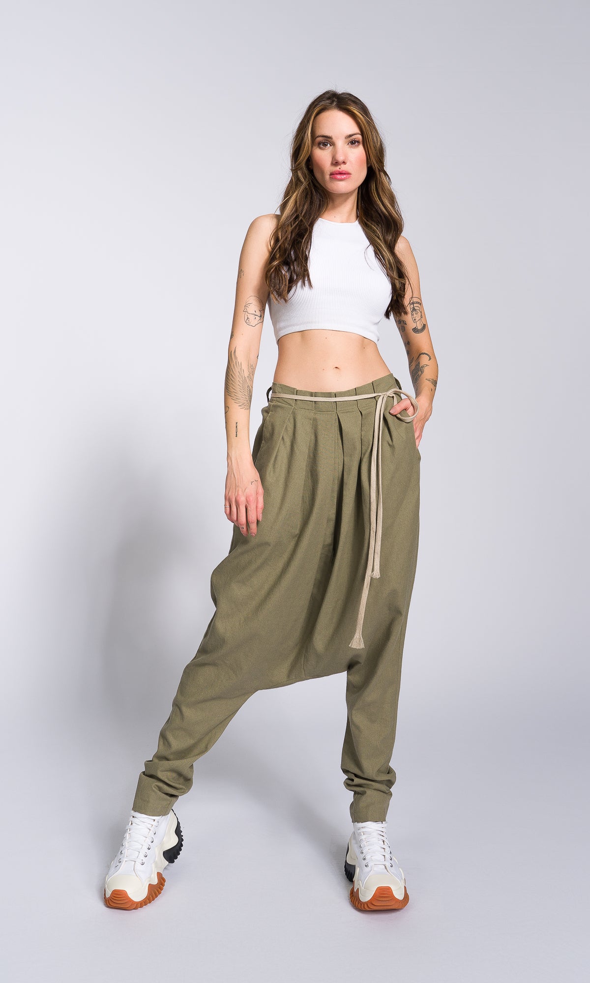 Linen Drop Crotch Pants with Front Pleats - AAKASHA