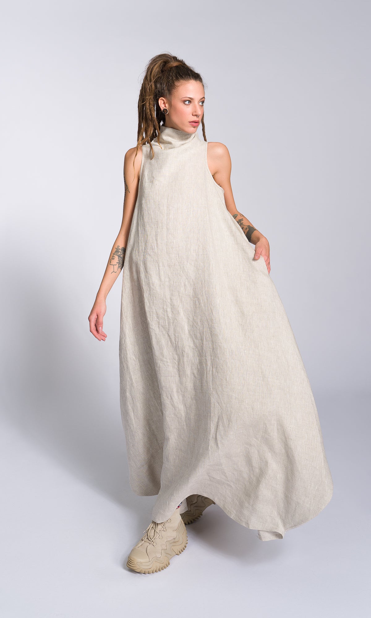 Linen High Neck Cocoon Dress - AAKASHA