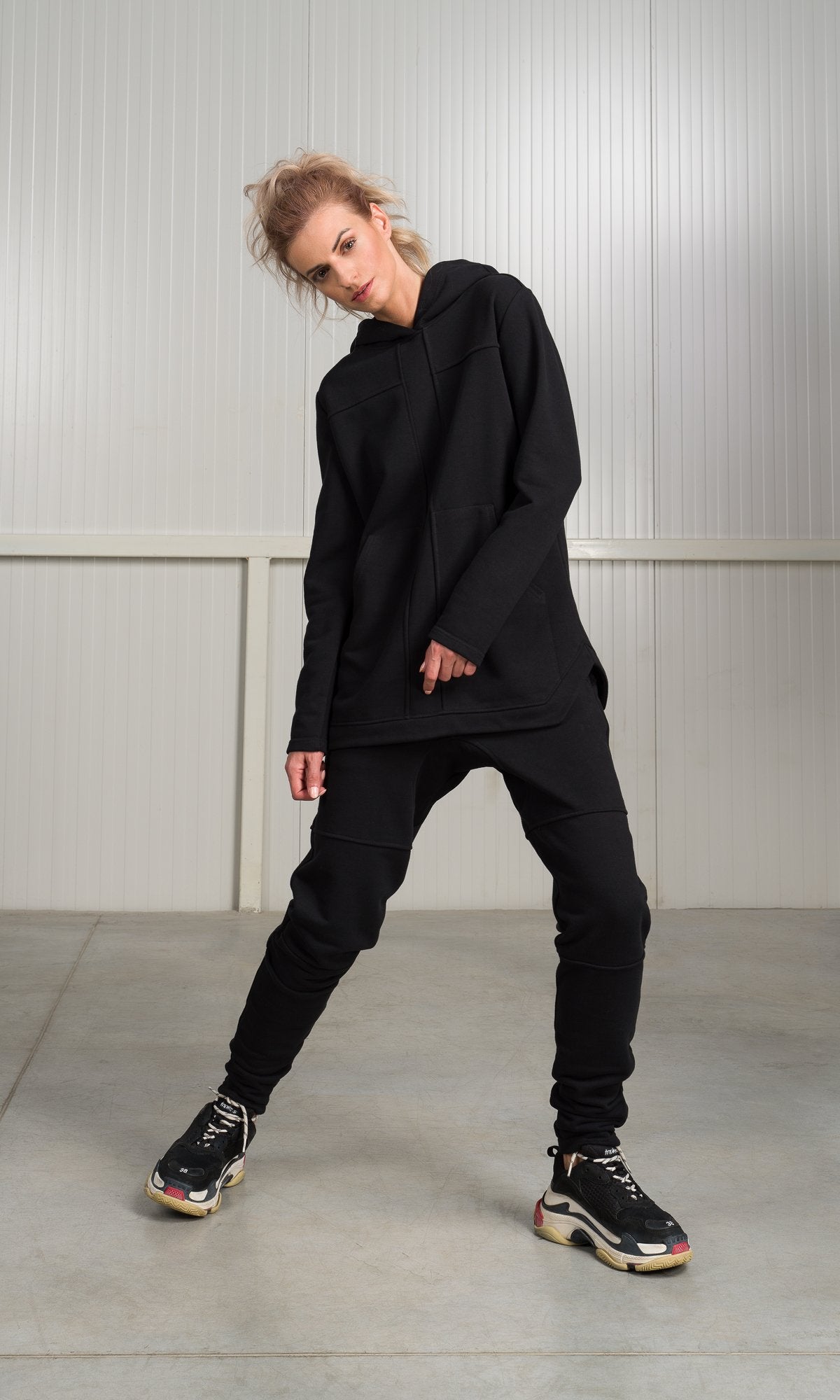 Two-piece Set of Hooded Sweatshirt and Jogger Pants with Seam Details - AAKASHA