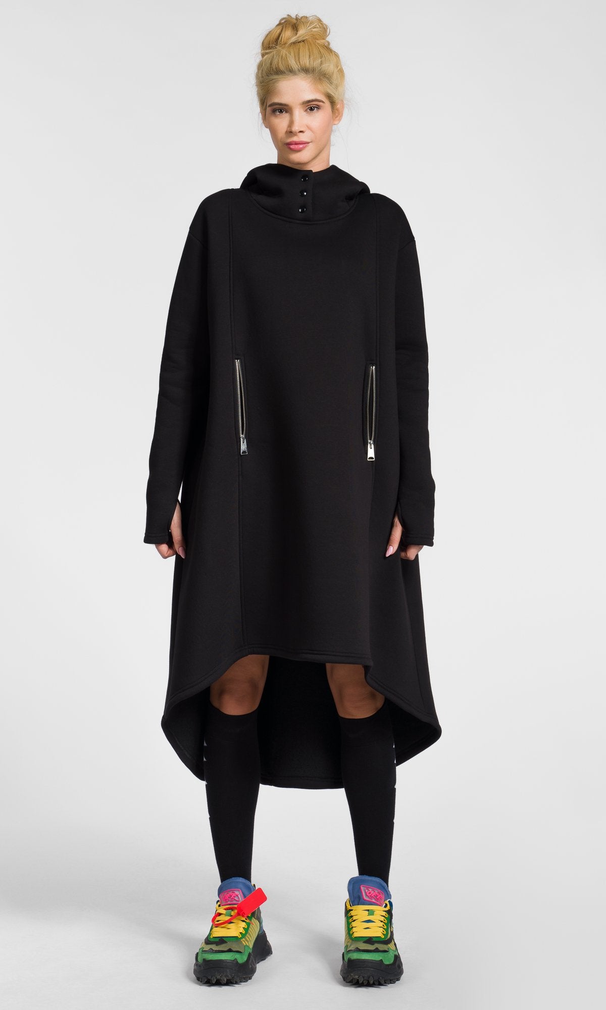 Extra Long Hoodie Dress with Zipper Pockets - AAKASHA