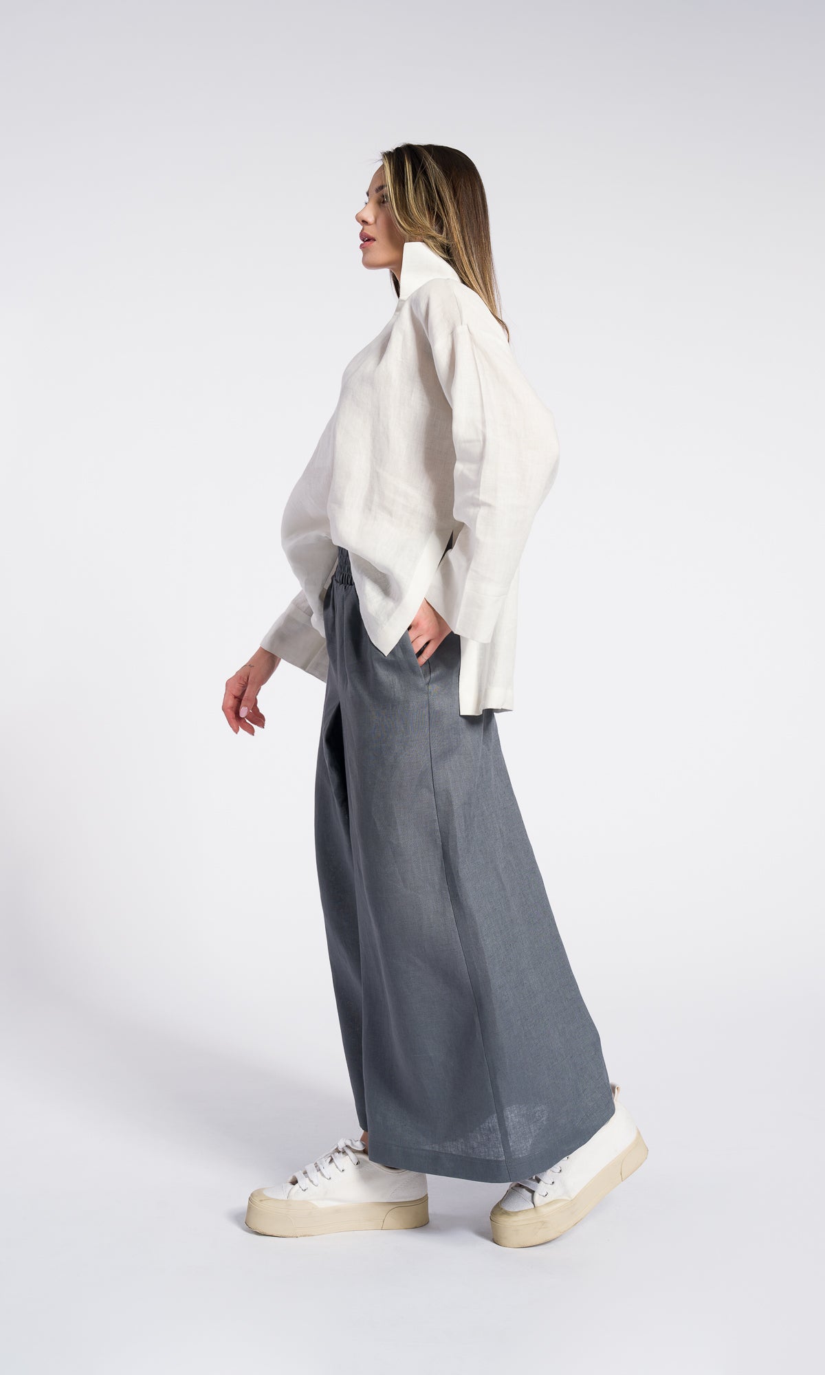 Inverted Pleat Linen Skirt Pants