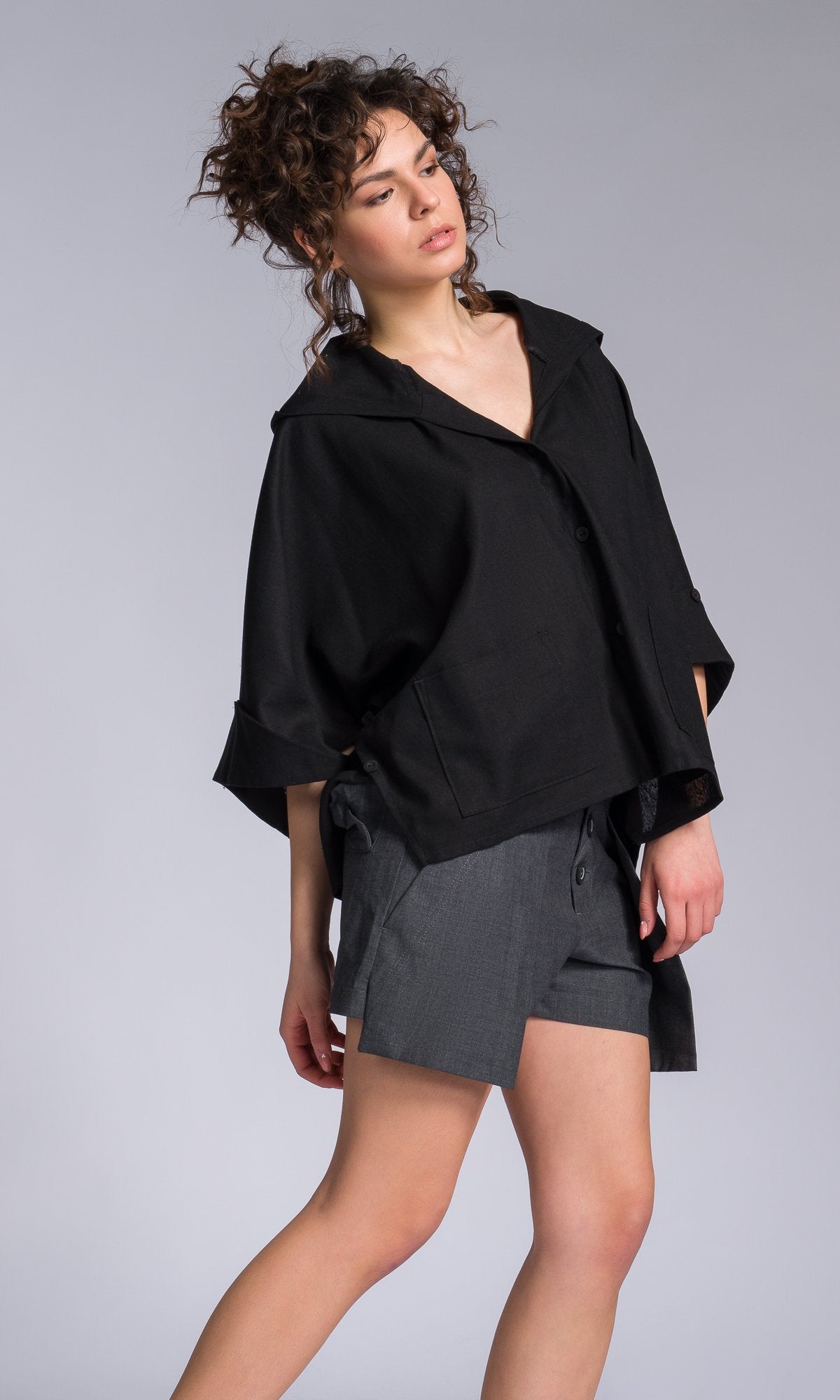 Linen Hooded Batwing Shirt - AAKASHA